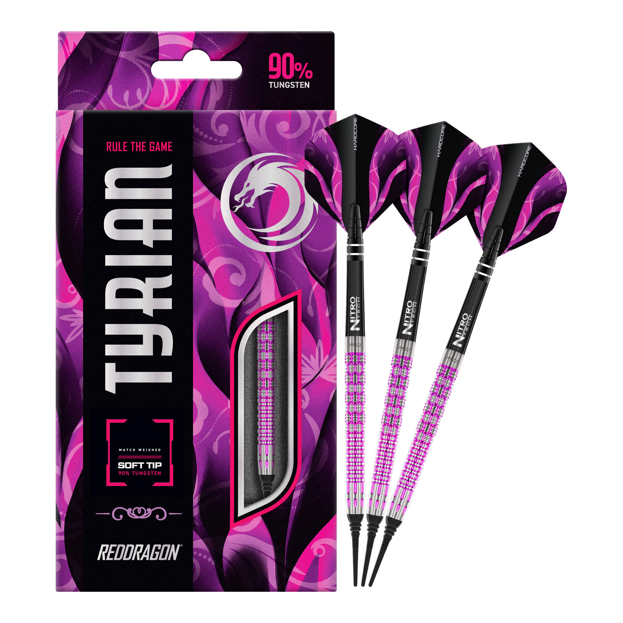 Red Dragon Tyrian Softdarts - 22g Das Bild zeigt die Red Dragon Tyrian Softdarts - 22g mit einem auffälligen pink-schwarzen Design. Die Darts bestehen zu 90% aus Tungsten und werden in einer passenden Verpackung präsentiert.