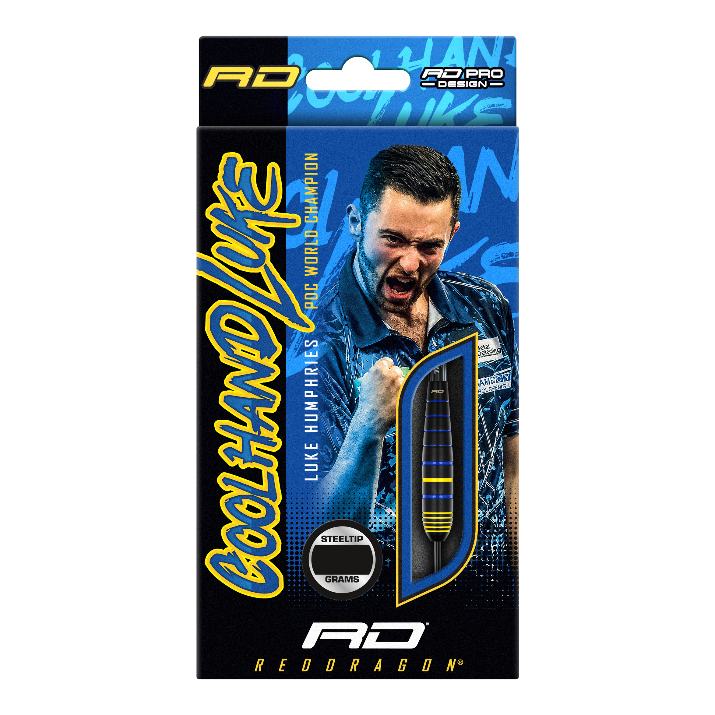 Red Dragon Luke Humphries World Champion Brass Steeldarts Auf der Verpackung sind die "Red Dragon Luke Humphries World Champion Brass Steeldarts" abgebildet. Im Hintergrund ist ein jubelnder Spieler zu sehen, daneben ist ein Dartpfeil durch ein Sichtfenster sichtbar.