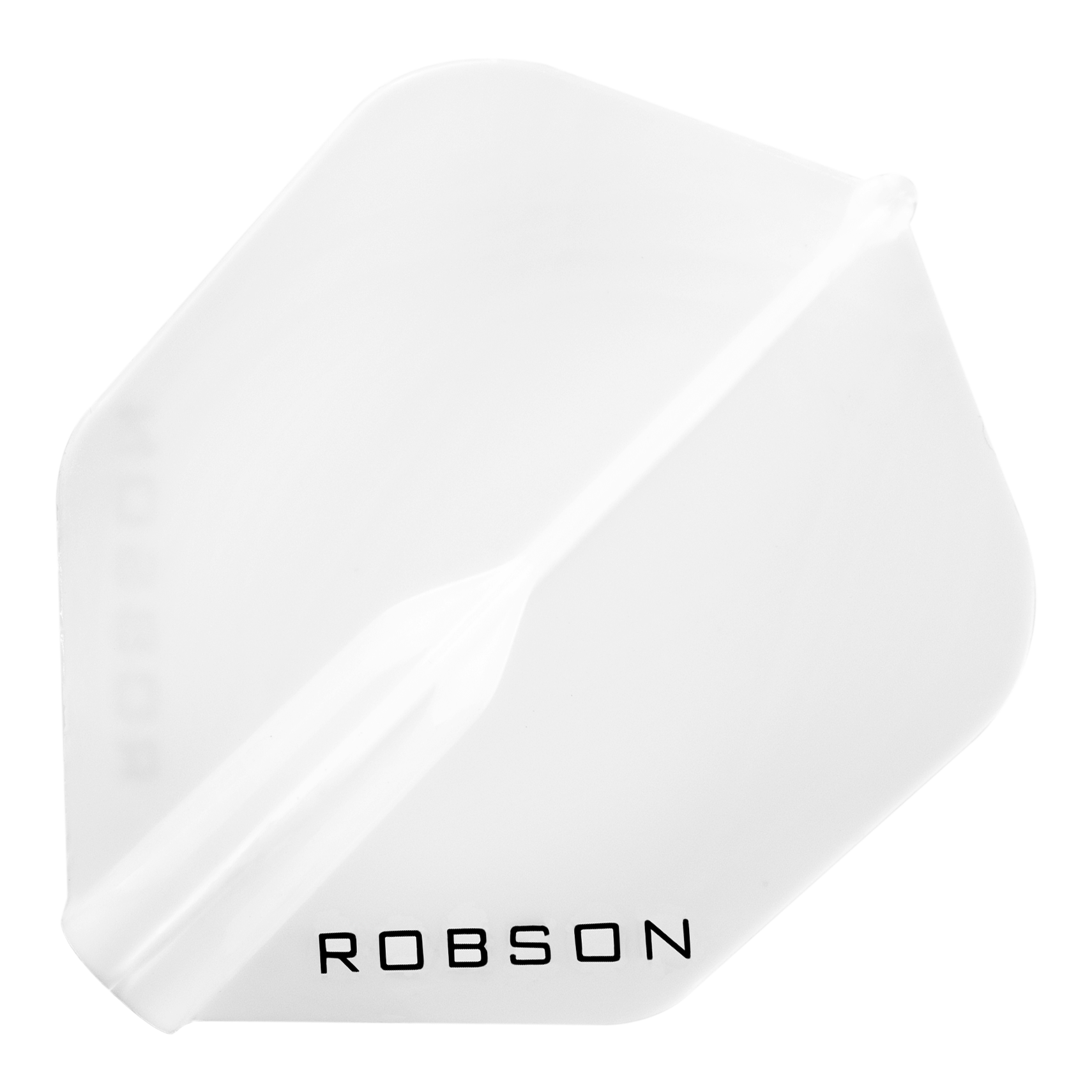 Das Bild zeigt eine weiße Dartflügel in sechseckiger Form. Unten auf dem Flügel steht das Wort "ROBSON" in schwarzen Buchstaben.