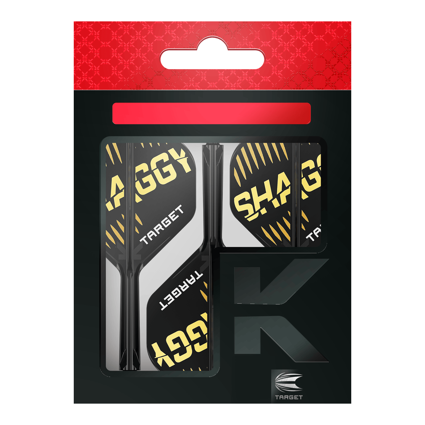 Target K-Flex Scott Williams No2 Standard Flight-Shaft-System Auf dem Bild ist die Verpackung der "Target K-Flex Scott Williams No2 Standard Flights" zu sehen. Die Flights sind überwiegend schwarz mit gelben und weißen Akzenten und dem Schriftzug "SHAGGY" darauf.