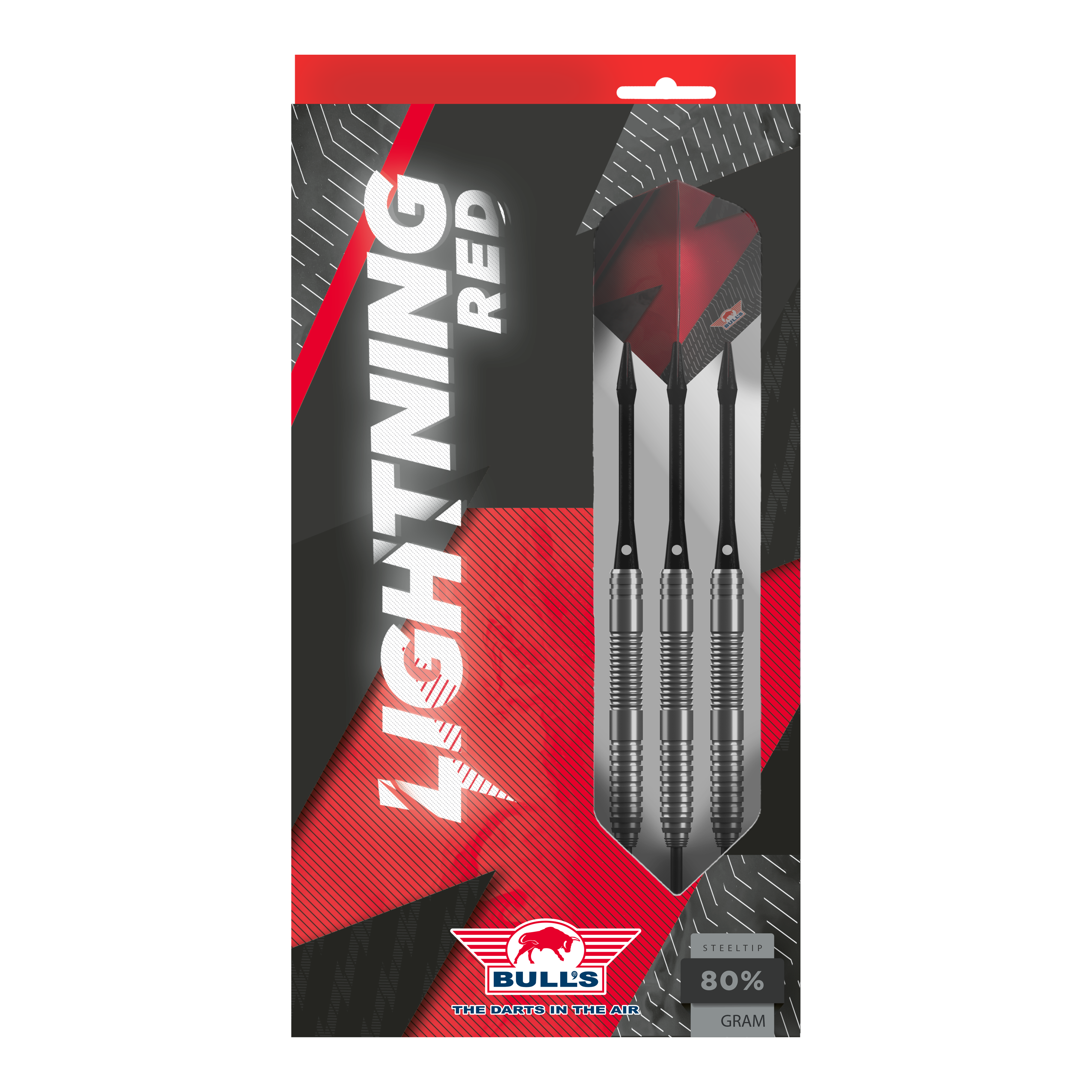 Bulls NL Lightning Red Steeldarts Das Bild zeigt die Verpackung der "Bulls NL Lightning Red Steeldarts". In der Packung sind drei silberne Steeldarts mit roten Flights zu sehen.