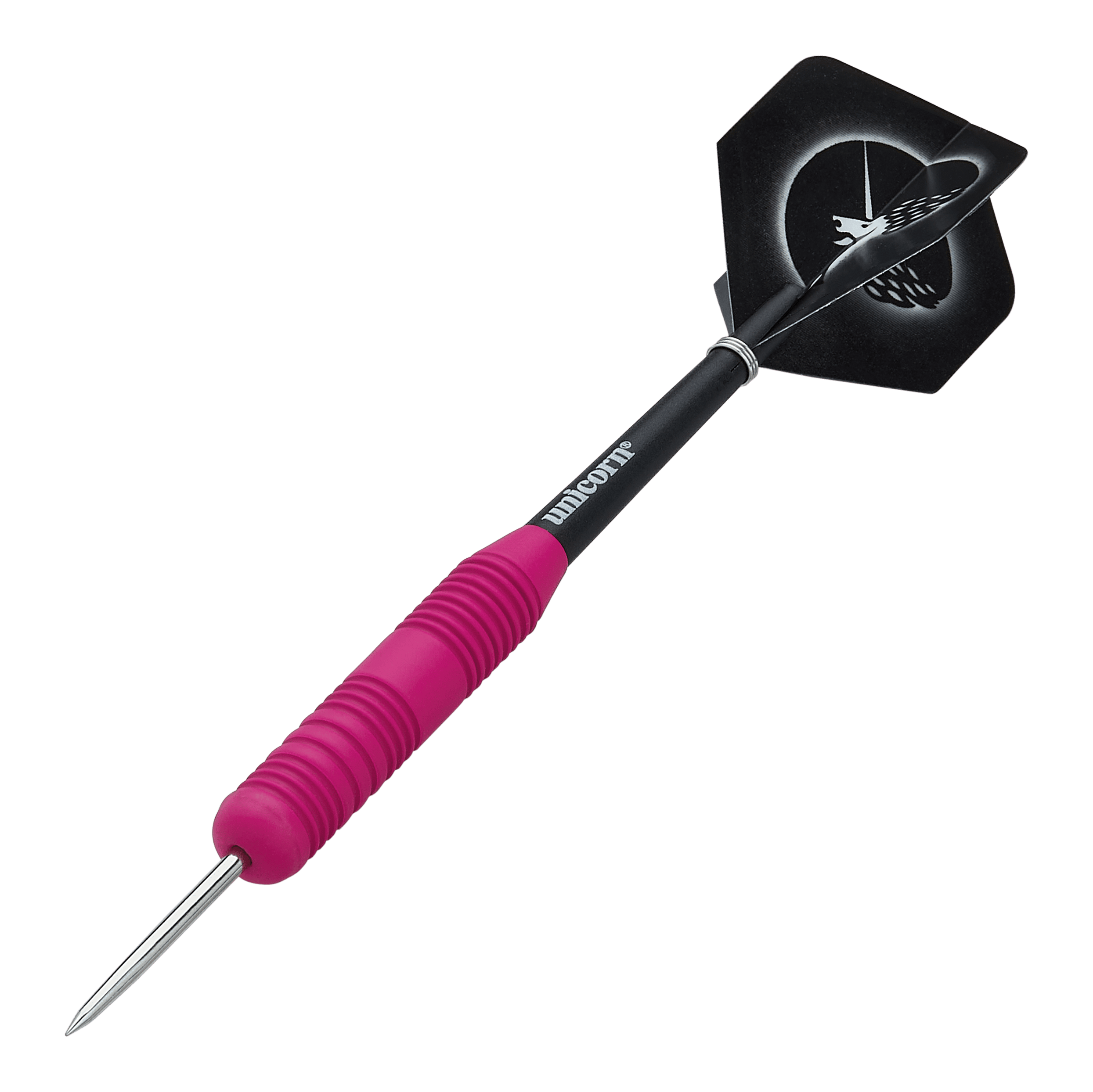 Das Bild zeigt einen Unicorn Core Plus Steeldart mit einem pinken, gummierten Griff. Der Dart hat eine schwarze Spitze und einen schwarzen Flight mit weißem Muster.