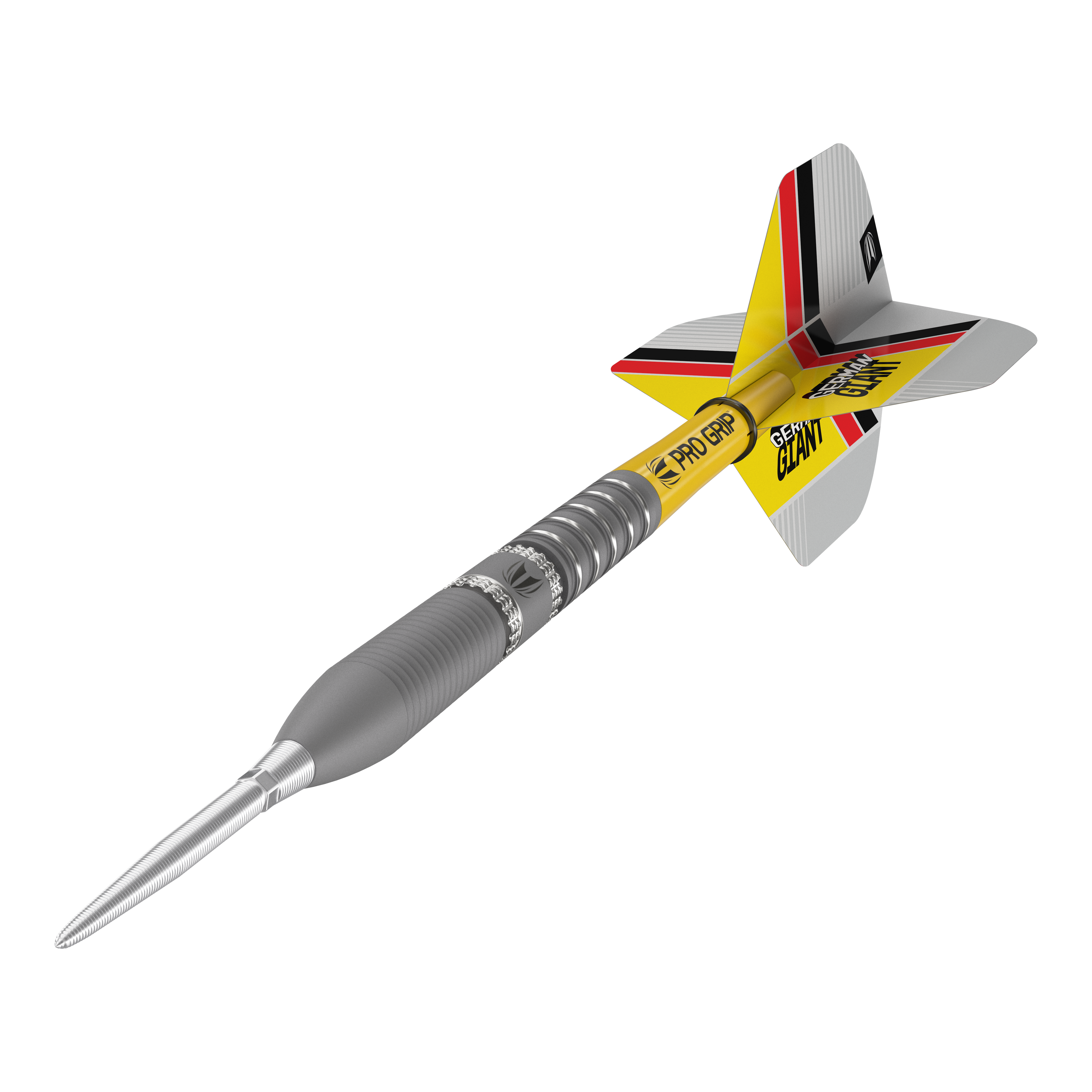 Target Gabriel Clemens GEN2 Swiss Point Steeldarts Das Bild zeigt einen modernen Steeldartpfeil mit silberner Spitze und einem gelb-schwarzen Schaft. Die Flights sind mit roten, schwarzen und gelben Streifen verziert und tragen die Aufschrift "GERMAN GIANT".