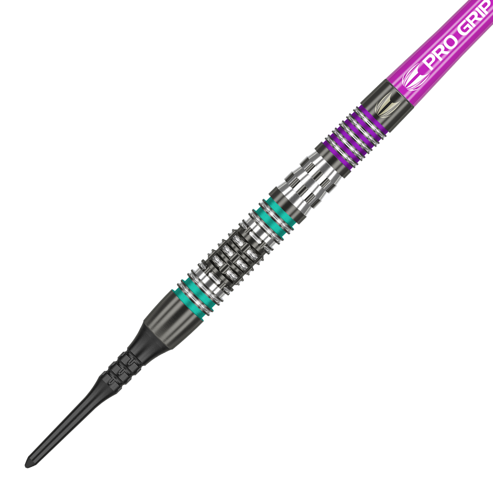 Das Bild zeigt einen Softdartpfeil des Modells "Target ALX 11 Softdarts". Der Pfeil hat einen schwarzen und silbernen Schaft mit türkisfarbenen und lila Akzenten.