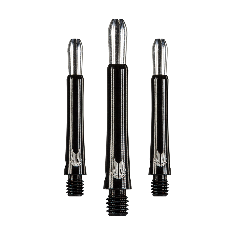 146230_Target_Grip_Style_Aluminium_Shafts_Schwarz_348mm_1 Das Bild zeigt drei schwarze Aluminium-Dartschäfte mit silbernen Spitzen. Die Schäfte haben ein schlichtes, glänzendes Design mit eingraviertem Muster am unteren Ende.