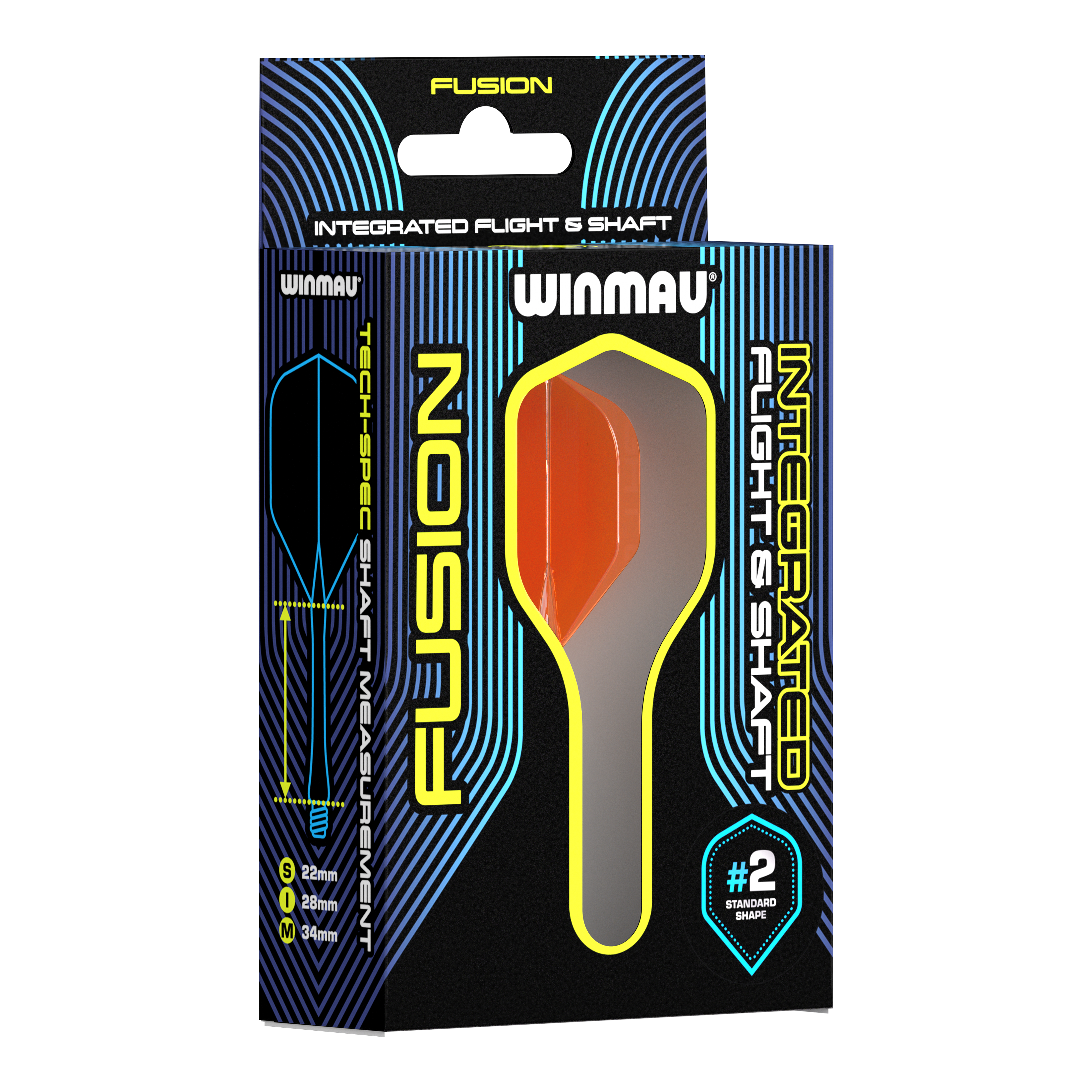 Winmau Fusion Flight Shaft System Standard Orange Auf dem Bild ist eine Packung Winmau Fusion Integrated Flight & Shaft System zu sehen. In der Verpackung befindet sich ein orangefarbener Dart-Flügel mit Schaft in der Größe 34 mm.