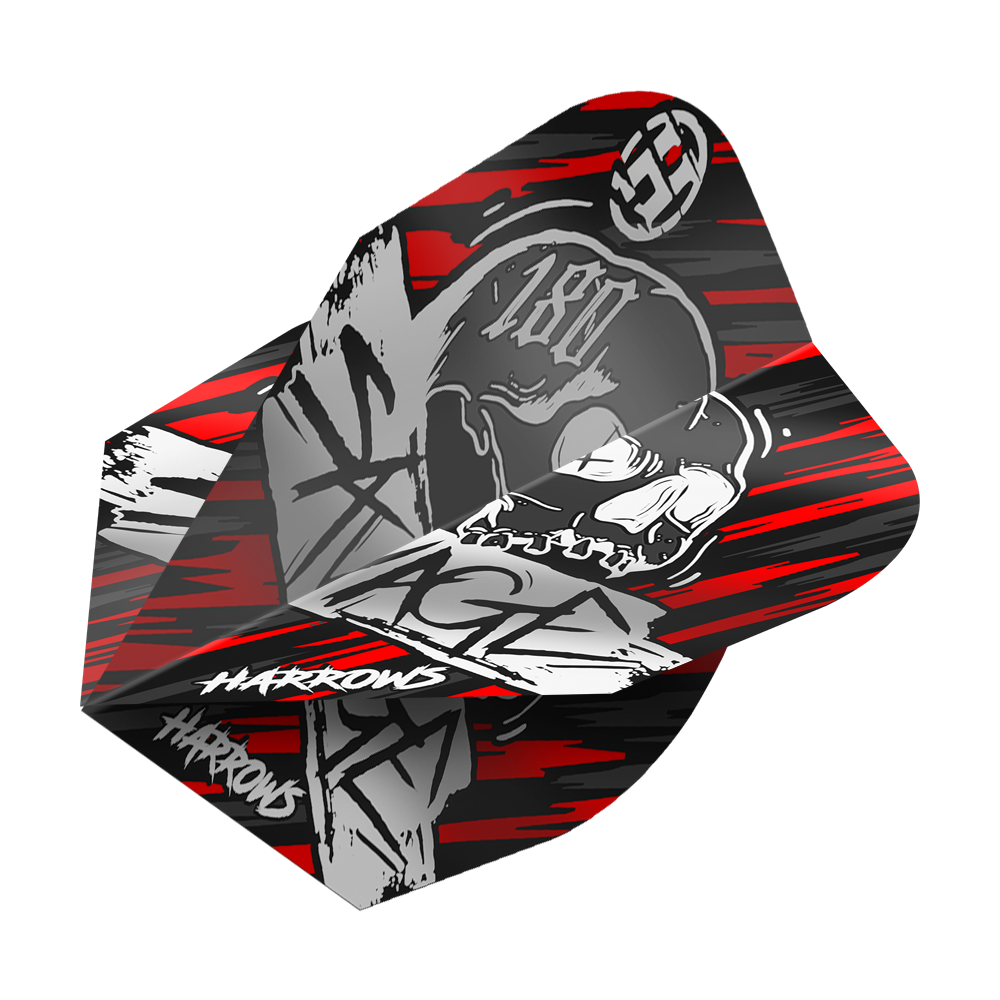 Harrows Savage Red Silver No6 Flights Das Bild zeigt das Produkt "Harrows Savage Red Silver No6 Flights". Das Design ist in Rot, Silber und Schwarz gehalten und zeigt einen Totenkopf mit den Worten "Harrows" und Graffiti-Elementen.