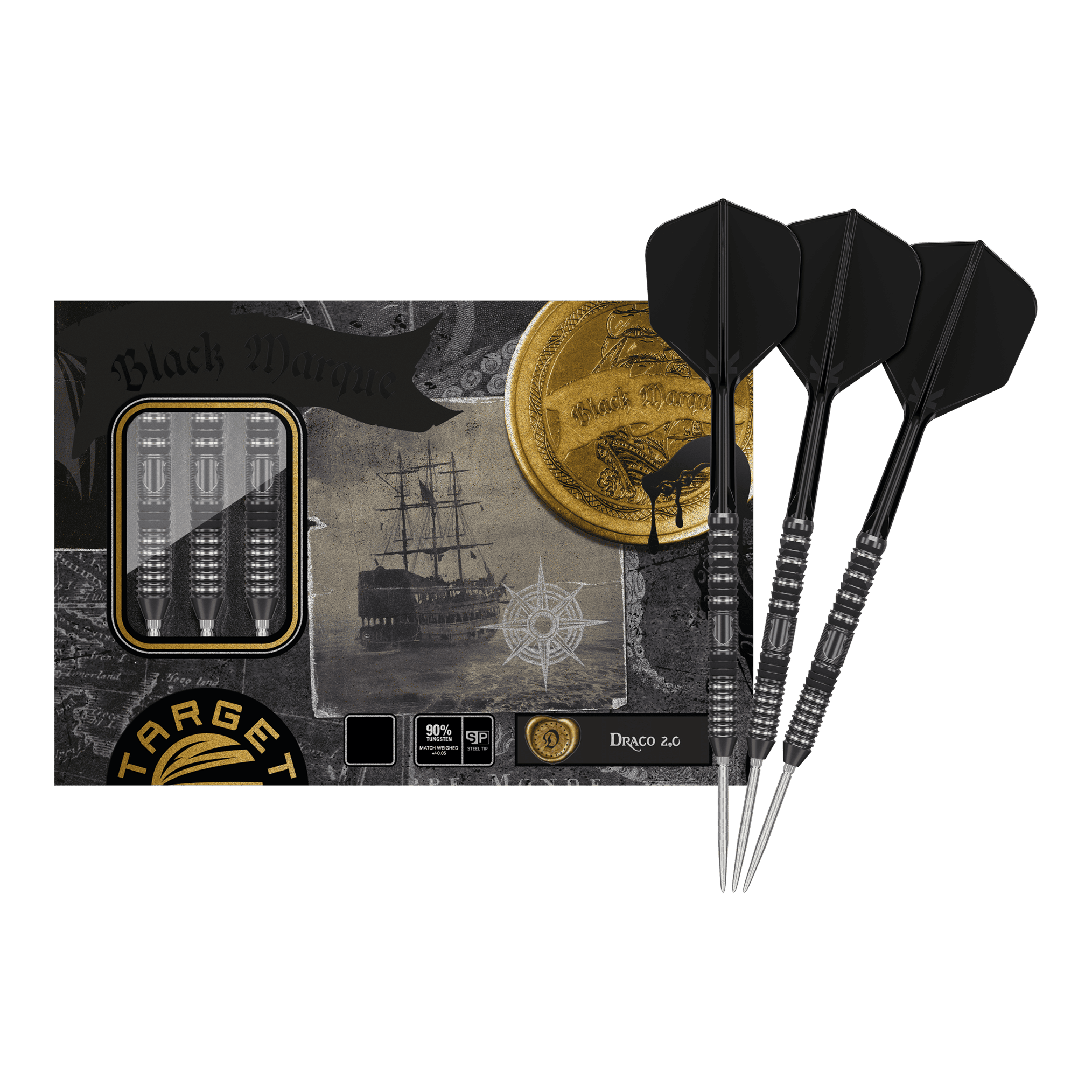 Das Bild zeigt die Target Japan Black Marque Draco GEN2 Steeldarts mit einer stilvollen Verpackung im Piraten-Design. Drei schwarze Steeldarts sind neben der Verpackung abgebildet.