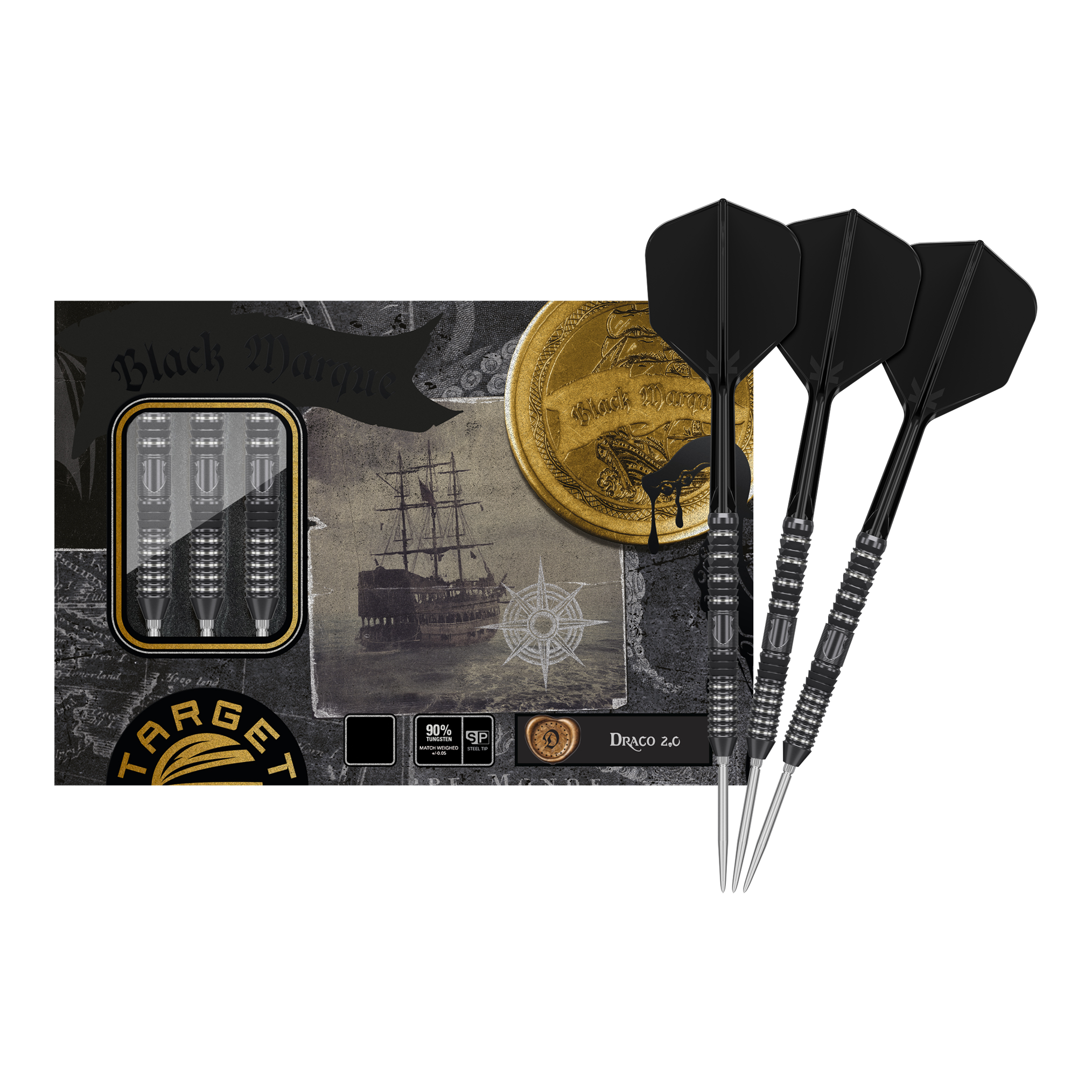 Target Japan Black Marque Draco GEN2 Steeldarts Das Bild zeigt die Target Japan Black Marque Draco GEN2 Steeldarts mit einer stilvollen Verpackung im Piraten-Design. Drei schwarze Steeldarts sind neben der Verpackung abgebildet.