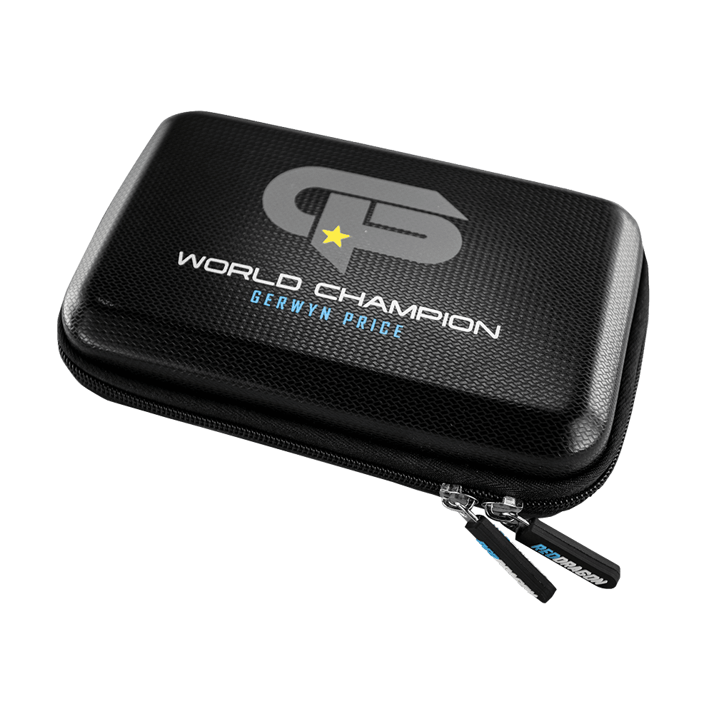 Das Bild zeigt ein schwarzes Dartcase mit der Aufschrift "World Champion Gerwyn Price". Das Etui hat einen Reißverschluss und trägt das Red Dragon Logo.