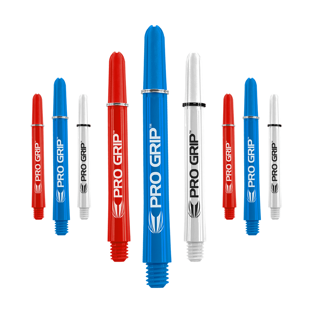 Target Pro Grip Shafts - 3 Sets - Rot Blau Weiß Das Bild zeigt neun Dart-Shafts in den Farben Blau, Rot und Weiß. Auf jedem Shaft steht der Schriftzug "PRO GRIP" mit einem kleinen Logo darunter.