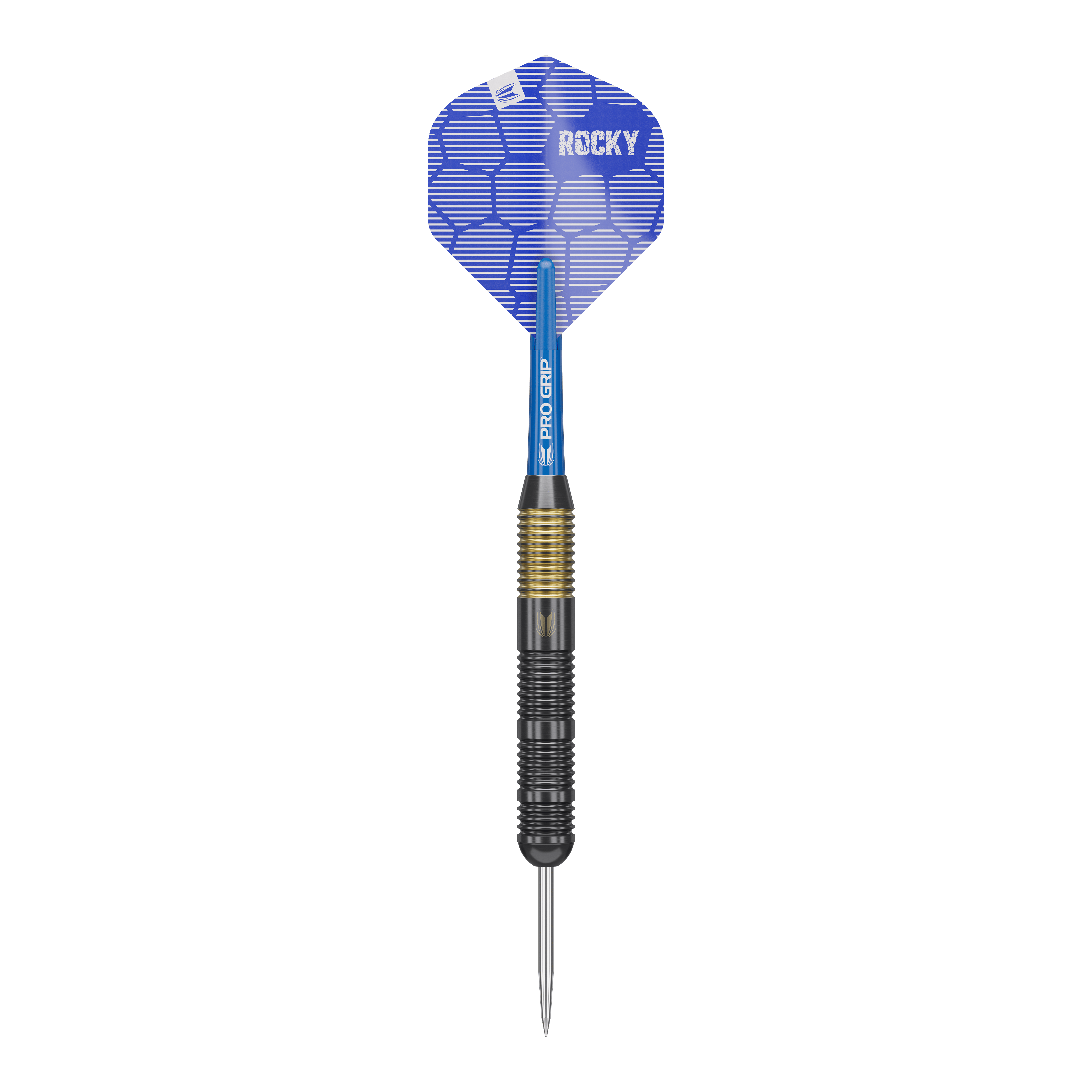 Target Josh Rock Brass Steeldarts - 22g Das Bild zeigt einen Target Josh Rock Brass Steeldart mit einem Gewicht von 22g. Der Dart hat eine blaue Flight mit der Aufschrift "ROCKY" und einen geriffelten Messinggriff.