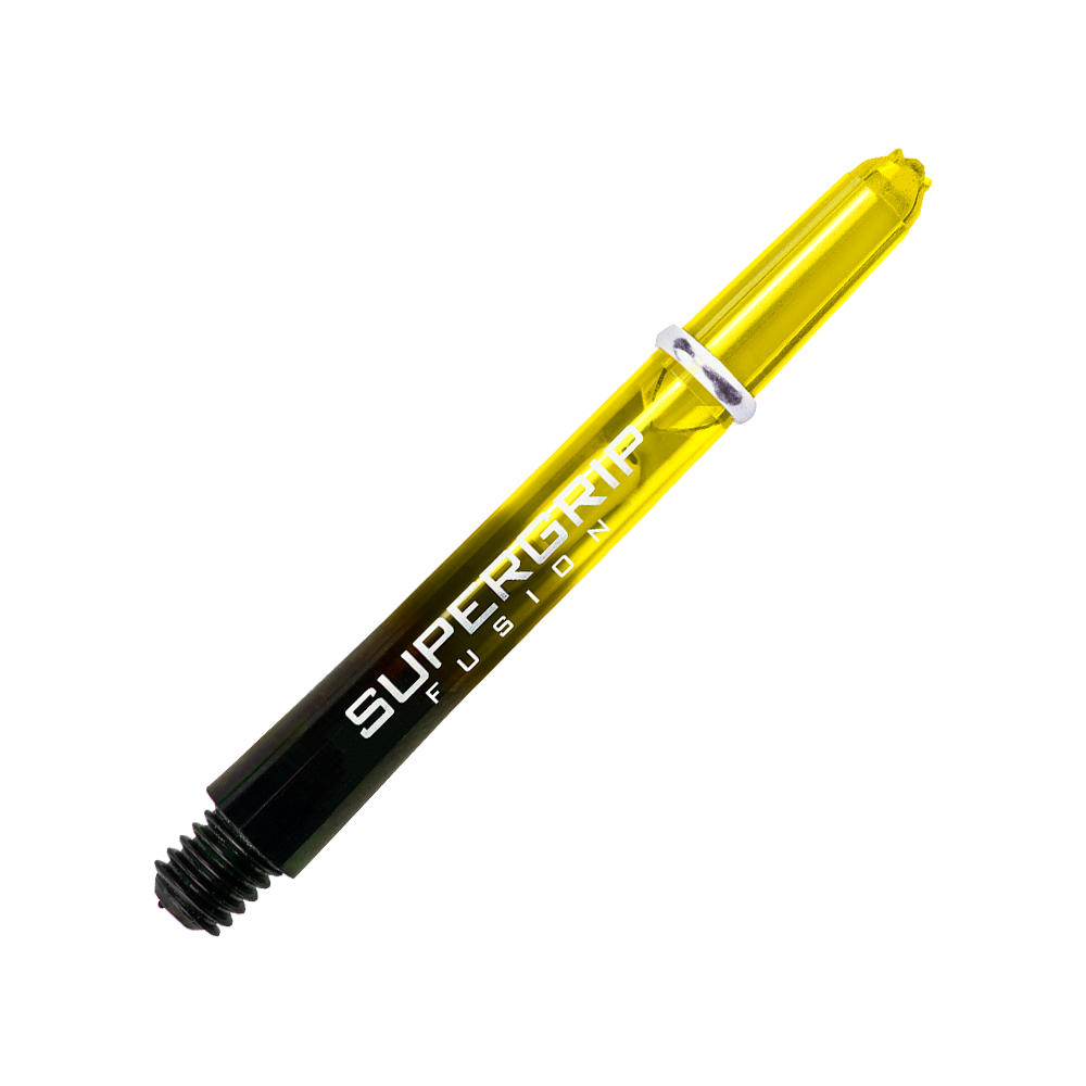 Das Bild zeigt ein Harrows Supergrip Fusion Shaft in der Farbe Gelb. Der Schriftzug "SUPERGRIP FUSION" ist deutlich auf dem Schaft zu sehen.