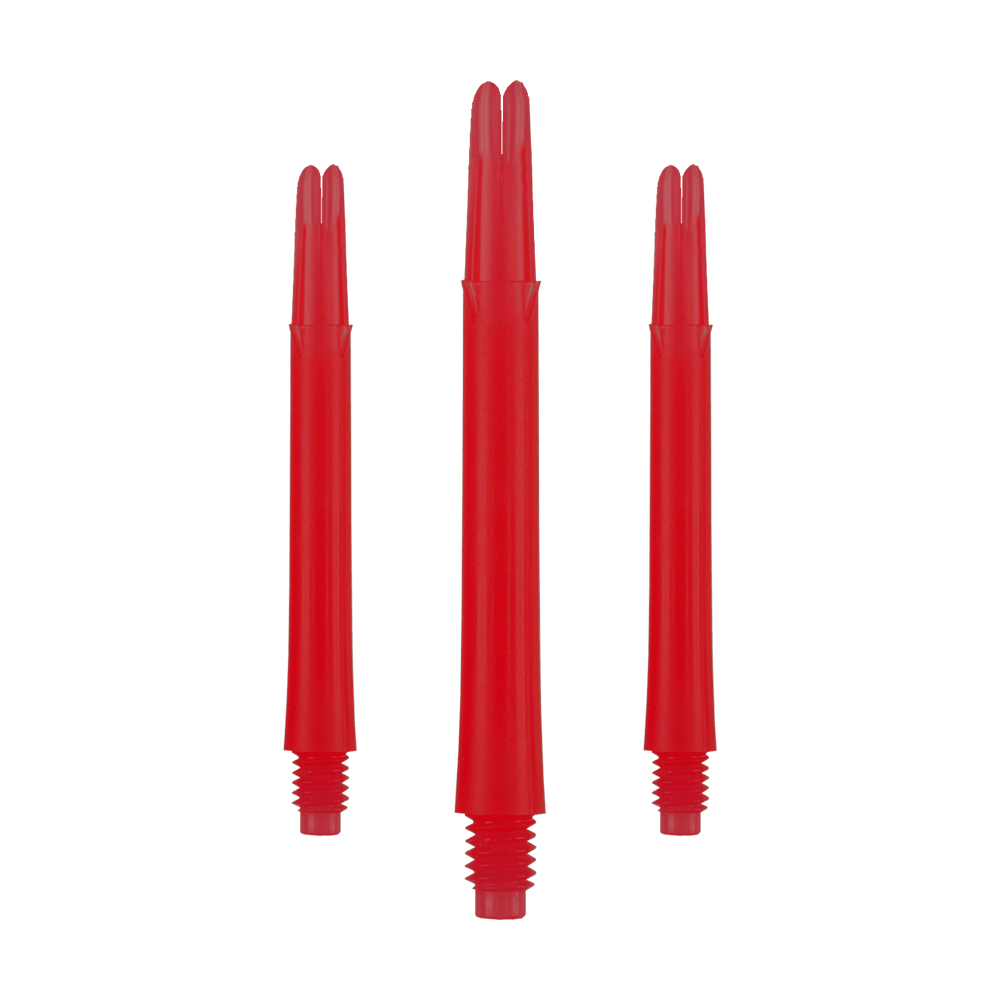 L-Style L-Shafts Locked Straight - Red 330 Auf dem Bild sind drei rote, gerade Dartschäfte ohne Kappen zu sehen. Sie sind nebeneinander angeordnet, wobei der mittlere etwas länger erscheint als die beiden äußeren.