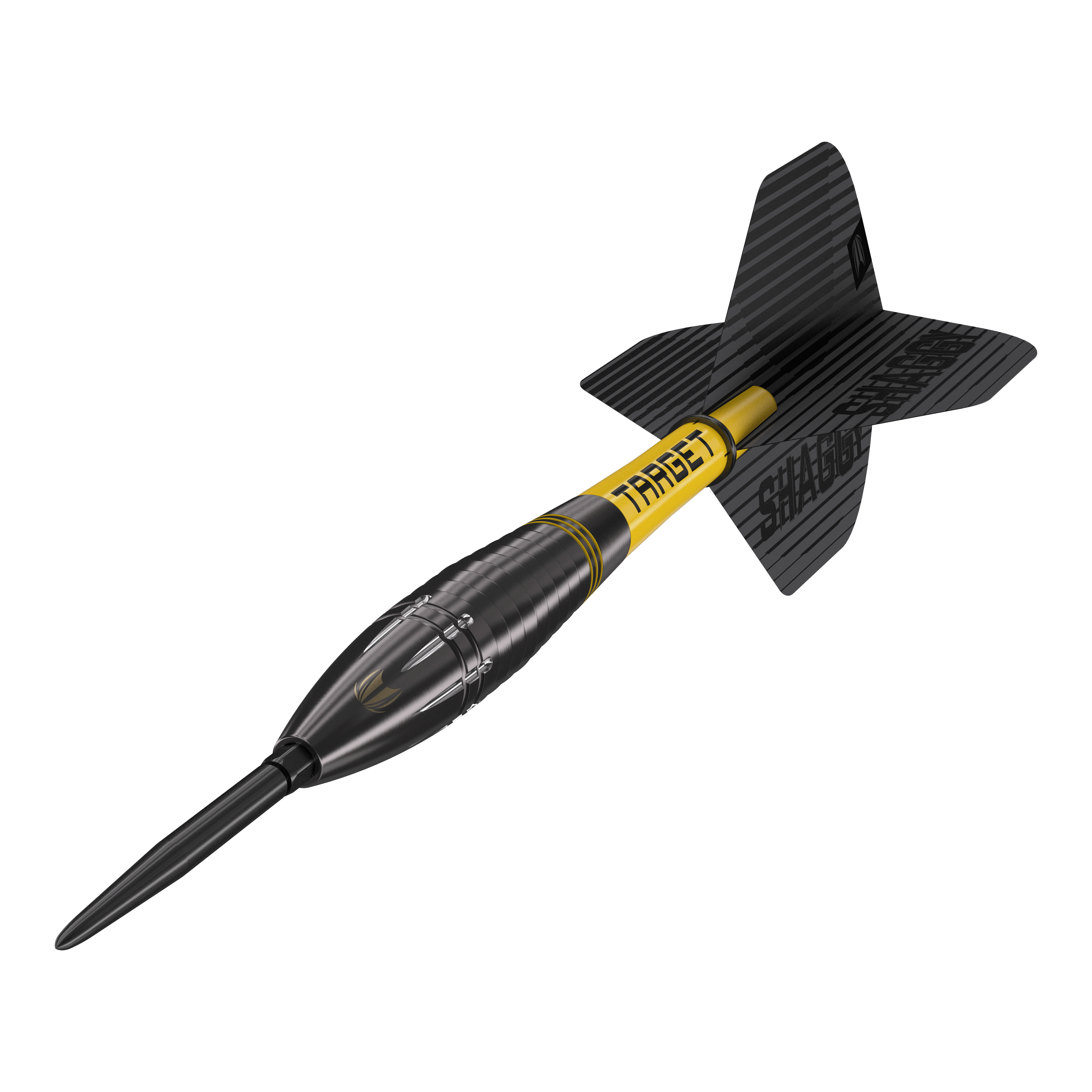 Das Bild zeigt den Target Scott Williams Shaggy Black Swiss Point Steeldart. Der Dart hat ein schwarzes Design mit gelben Akzenten und einer schwarzen Flights.
