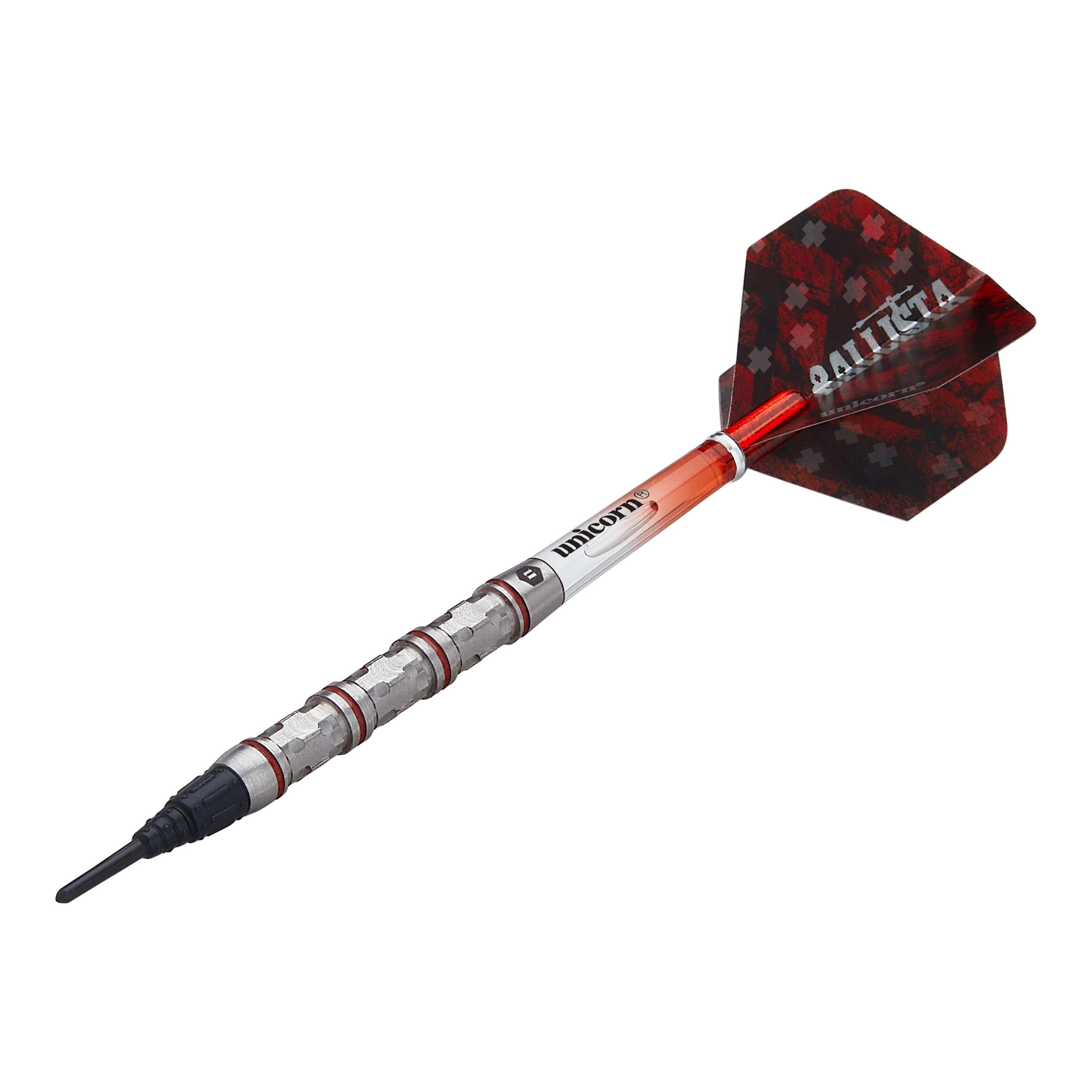 Das Bild zeigt einen Softdart der Marke Unicorn, Modell Ballista Style 4. Der Dartpfeil hat einen silbernen Schaft mit roten Akzenten und eine rot-schwarze Flights mit der Aufschrift "BALLISTA".