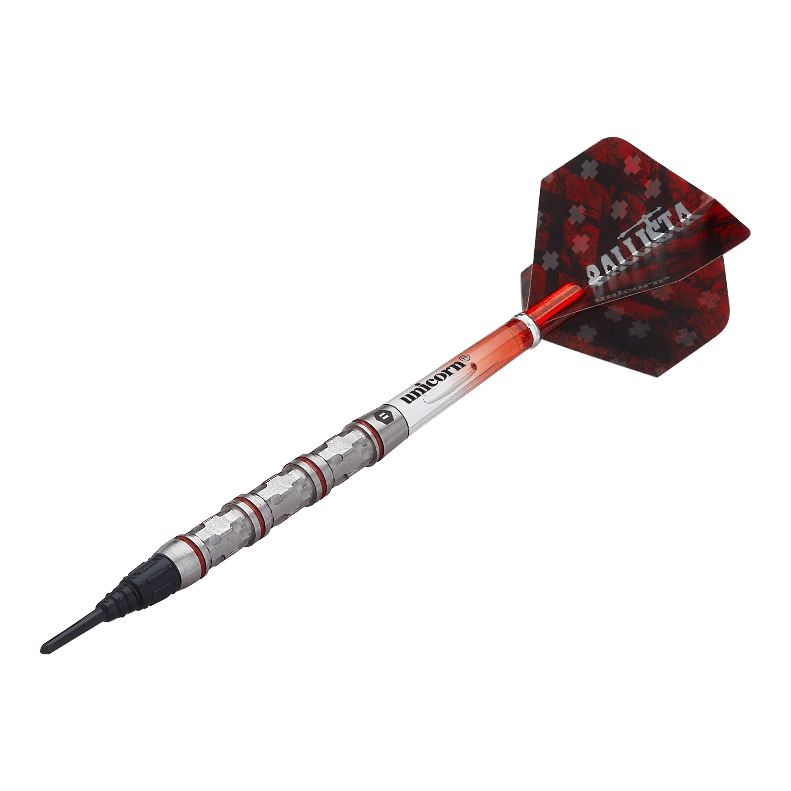 Unicorn Ballista Style 4 Softdarts Das Bild zeigt einen Softdart der Marke Unicorn, Modell Ballista Style 4. Der Dartpfeil hat einen silbernen Schaft mit roten Akzenten und eine rot-schwarze Flights mit der Aufschrift "BALLISTA".