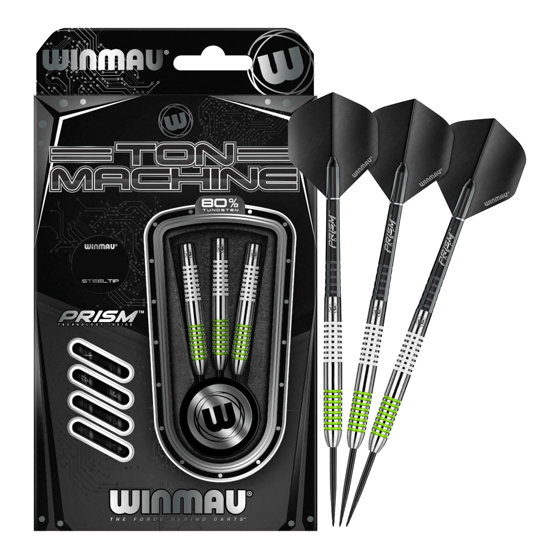 Winmau Ton Machine Steeldarts Das Bild zeigt das Set der Winmau Ton Machine Steeldarts in voller Ansicht. Diese Steeldarts sind ideal für Dartliebhaber.