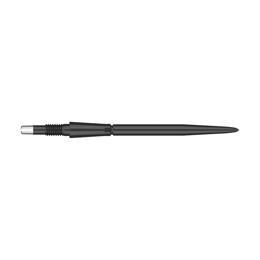 Target Swiss Storm Point Dartspitzen - Schwarz Das Bild zeigt eine schwarze Dartspitze mit einem geriffelten Griffbereich. Die Spitze ist lang und schmal, ideal für den Einsatz bei Dartpfeilen.