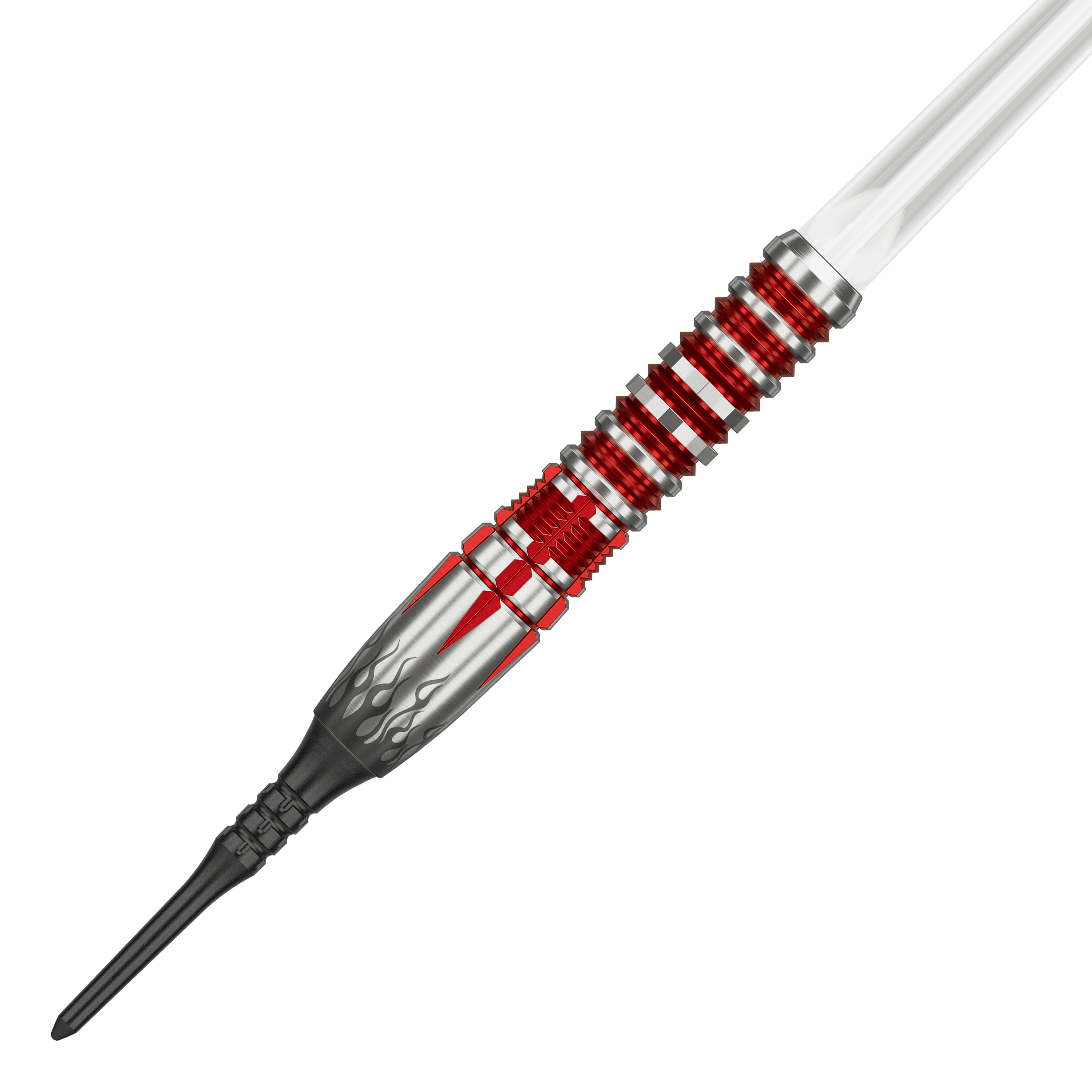 Das Bild zeigt einen stilvollen Softdartpfeil mit silbernen und roten Akzenten. Es handelt sich um das Modell "Target Japan Misumasa Hoshino Pyro GEN10 MAX Softdarts – 19g".
