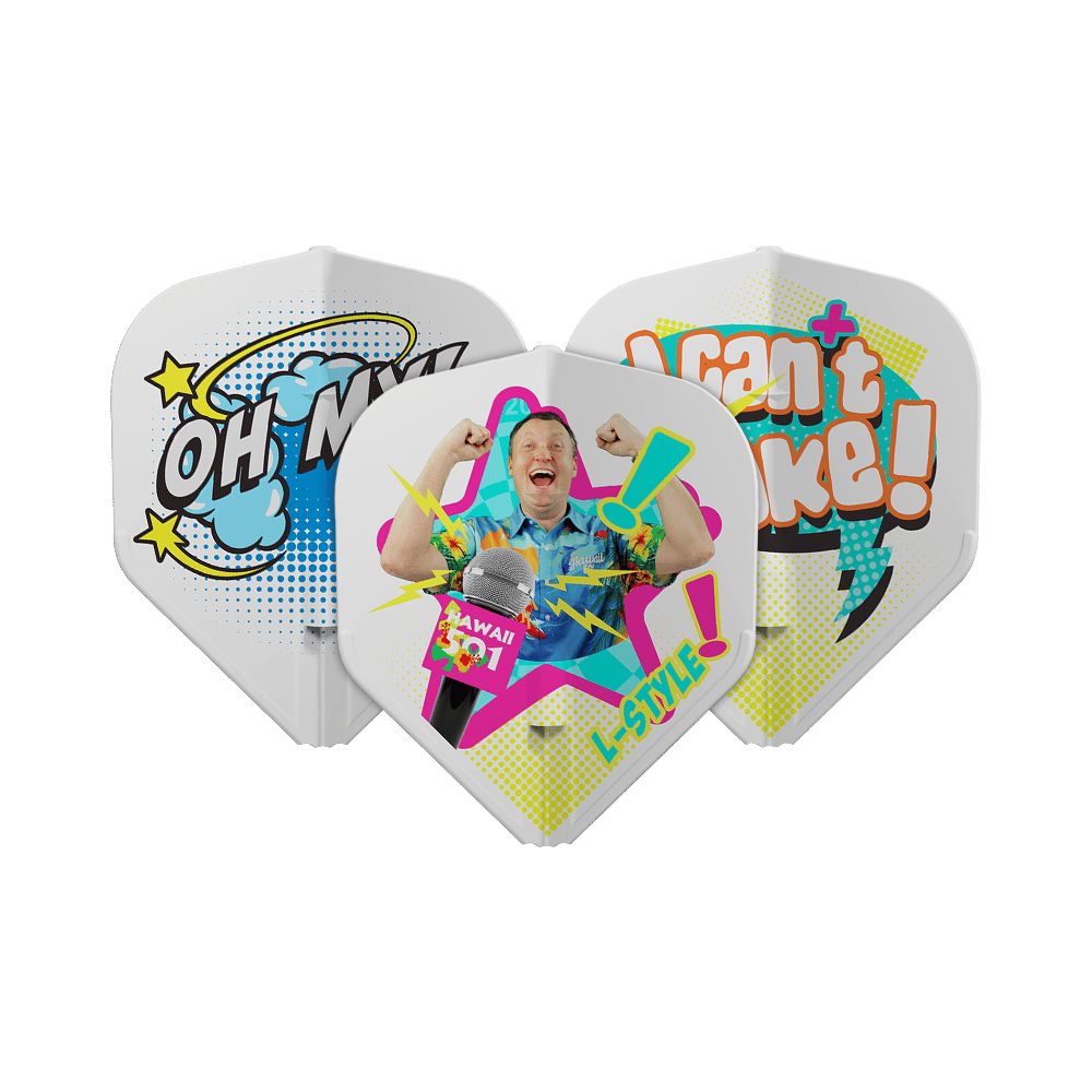 Das Bild zeigt drei Dartflights mit bunten, auffälligen Designs und Comic-Schriftzügen. Auf einem Flight ist ein jubelnder Mann abgebildet, während die anderen Sätze wie "OH MY!" und "I can't take!" zeigen.
