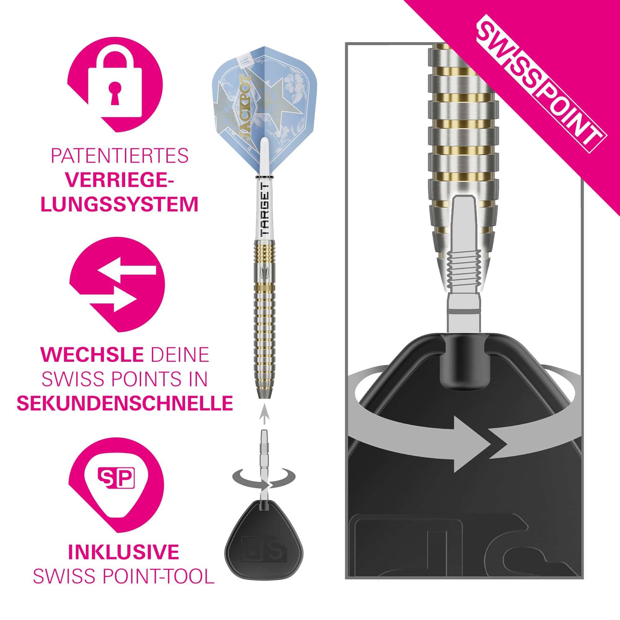 Abgebildet sind die Target Adrian Lewis Showdown Swiss Points Steeldarts. Sie zeichnen sich durch ihr spezielles Design aus.