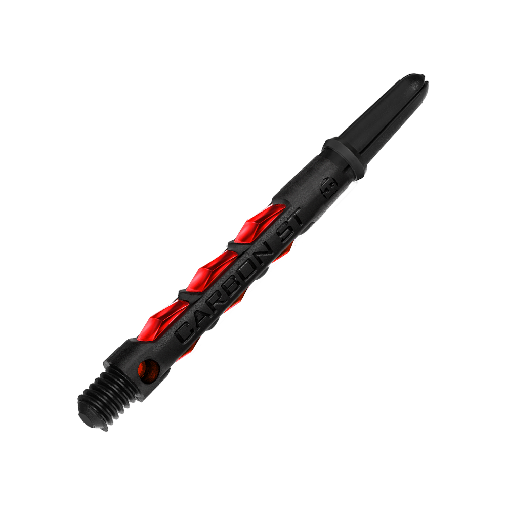 Das Bild zeigt einen Harrows Carbon ST Shafts in der Farbe Rot. Der Schaft besteht aus schwarzem Material mit auffälligen roten Akzenten.
