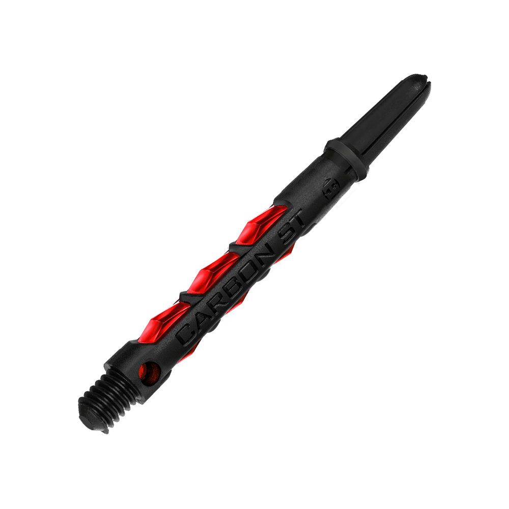 HR433_Harrows_Carbon_ST_Shafts_Rot_47mm_2 Das Bild zeigt einen Harrows Carbon ST Shafts in der Farbe Rot. Der Schaft besteht aus schwarzem Material mit auffälligen roten Akzenten.