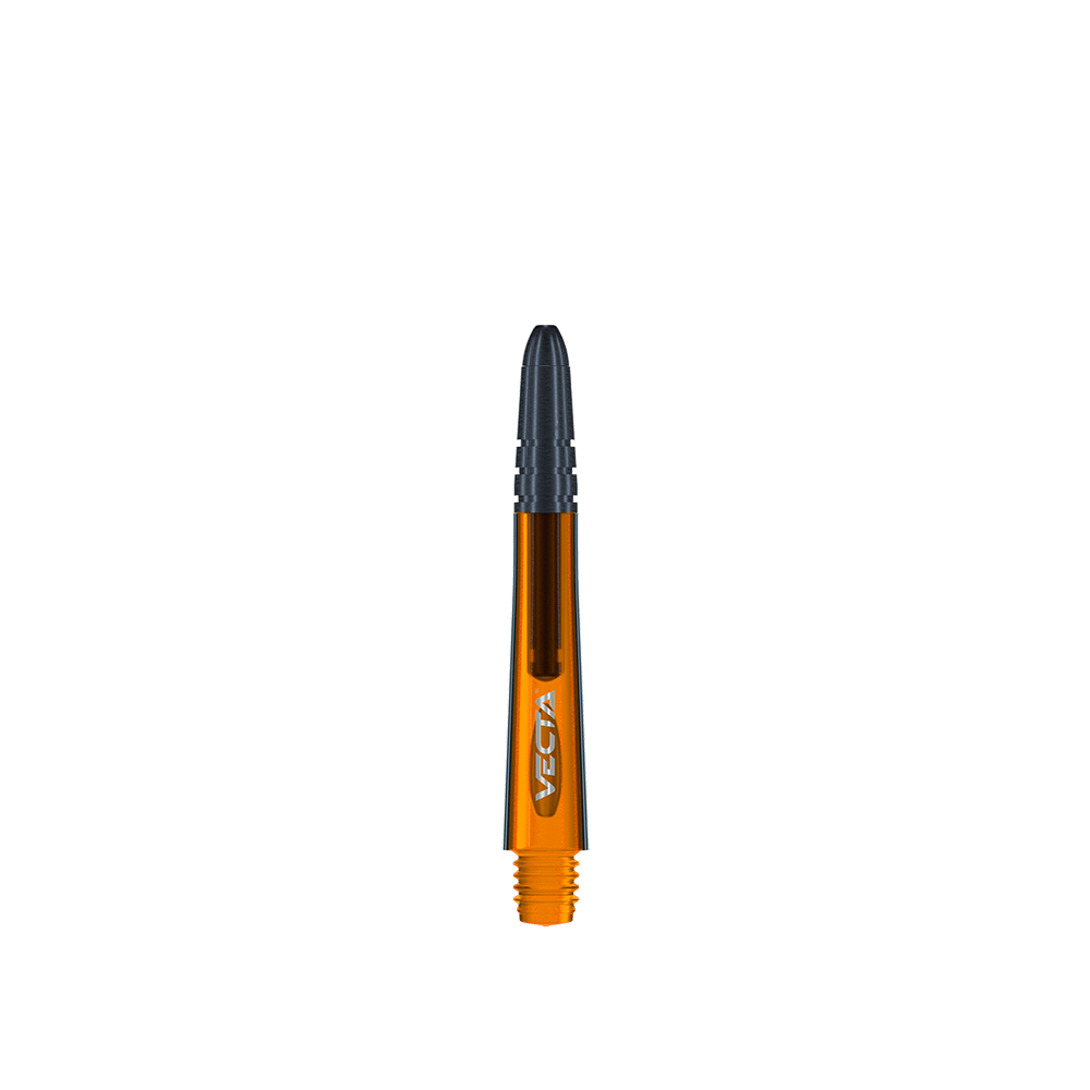7025-110_Winmau_Vecta_Shafts_Orange_40mm_1wZCko09Lf6WbJ Das Bild zeigt einen orangefarbenen Winmau Vecta Shaft mit einer Länge von 37 mm. Der Shaft hat ein schwarzes Spitzenende und das Wort "Vecta" ist darauf zu sehen.