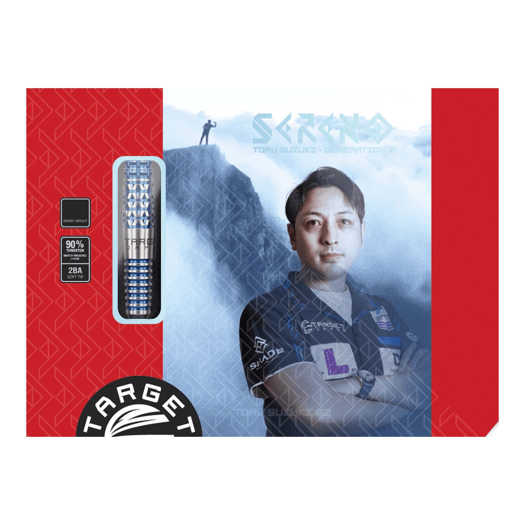 Target Japan Toru Suzuki Sereno GEN2 Softdarts - 20g Die Verpackung zeigt das Produkt "Target Japan Toru Suzuki Sereno GEN2 Softdarts - 20g". Auf der Vorderseite ist ein Bild von Toru Suzuki sowie die Darts und Produktinformationen abgebildet.