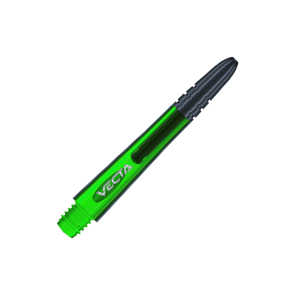 7025-404_Winmau_Vecta_Shafts_Gr-n_37mm_2 Dies ist ein grüner Dart-Schaft mit der Aufschrift "VECTA". Der Schaft hat ein schwarzes Ende und ein Schraubgewinde am unteren Ende.