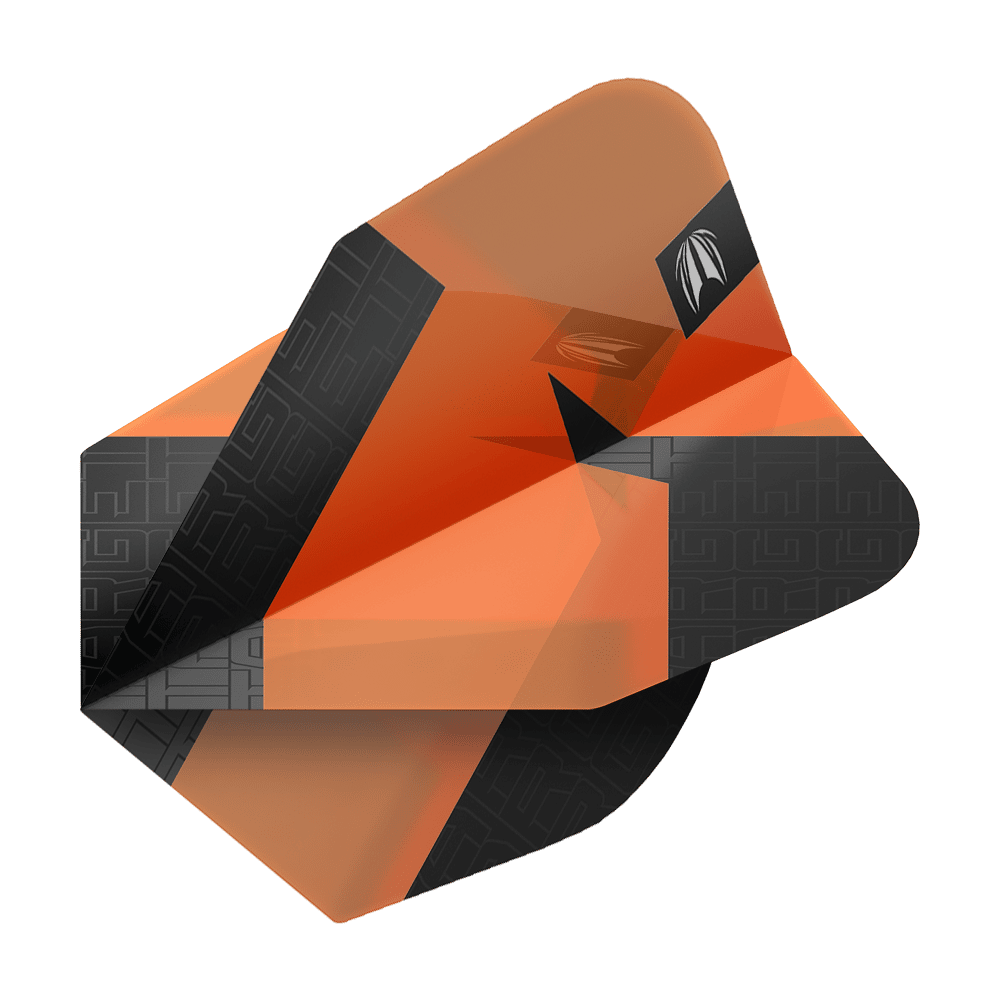 Das Bild zeigt ein orangefarbenes Dart-Flights-Set mit schwarzem Muster. Es handelt sich um das Produkt "Target Pro Ultra TAG Orange No6 Standard Flights - 3 Sets".