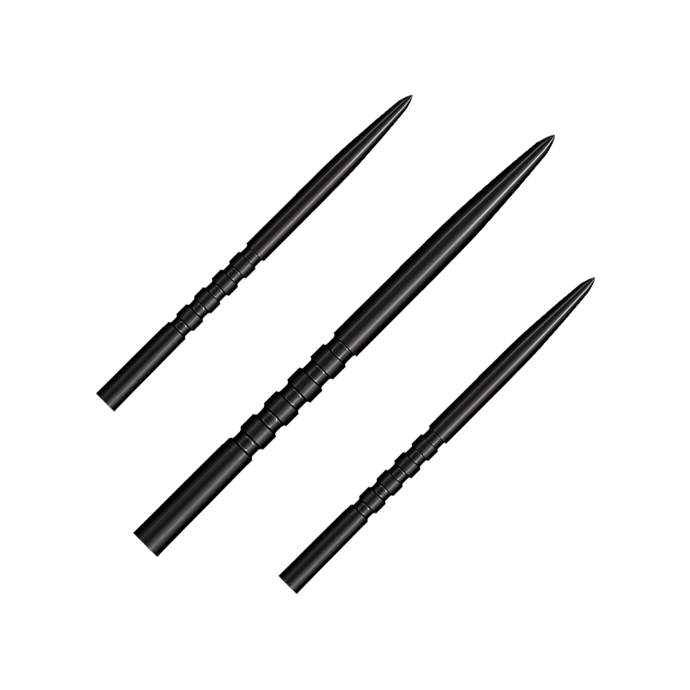 Shot Grip Point Steeldart-Spitzen - Schwarz Ein Bild zeigt ein Produkt mit dem Namen SM3823_Shot_Grip_Point_Steeldartspitzen_Schwarz_45mm_1Set. Das Produkt ist vermutlich ein Set von schwarzen Dartspitzen.