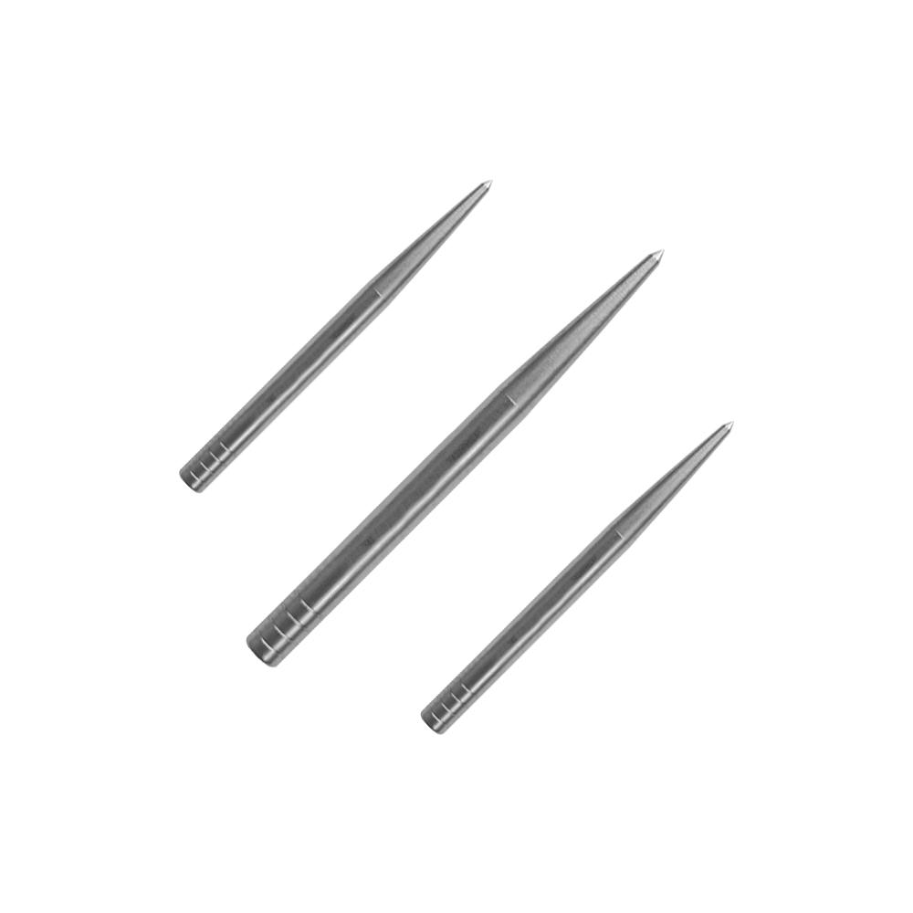 Condor Beak Point Without Cut Dartspitzen Auf dem Bild sind drei silberne Dartspitzen zu sehen. Sie sind spitz zulaufend und aus Metall gefertigt.
