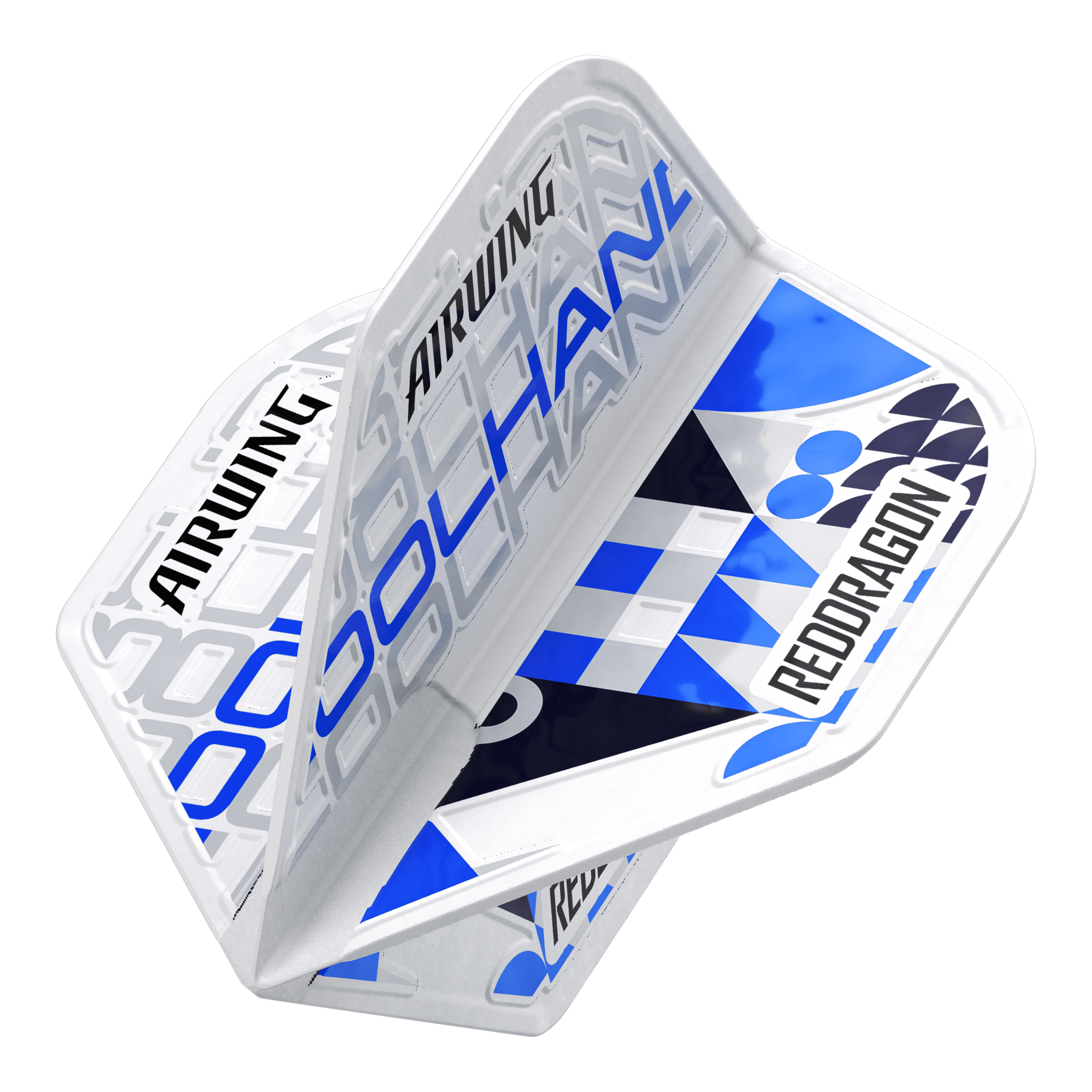 Das Bild zeigt die Red Dragon Airwing Luke Humphries White Standard Flights. Die Flights sind überwiegend weiß und blau mit den Aufschriften "AIRWING", "COOL HAND" und "RED DRAGON".