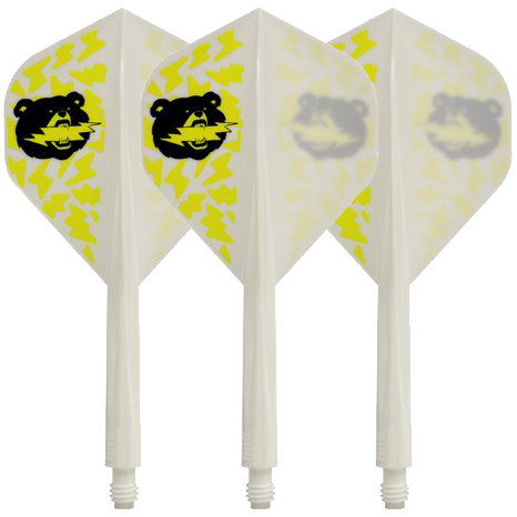 Das Bild zeigt drei weiße Dartflights mit gelben Blitzen und einem schwarzen Bärenkopf als Motiv. Die Flights sind Teil des Produkts "Condor Axe Black Bear Miyu Miyawaki Flight-Shaft White - Standard".