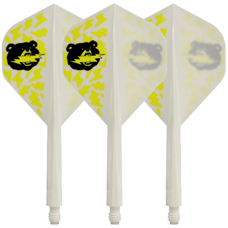 Condor Axe Black Bear Miyu Miyawaki Flight-Shaft White - Standard Das Bild zeigt drei weiße Dartflights mit gelben Blitzen und einem schwarzen Bärenkopf als Motiv. Die Flights sind Teil des Produkts "Condor Axe Black Bear Miyu Miyawaki Flight-Shaft White - Standard".