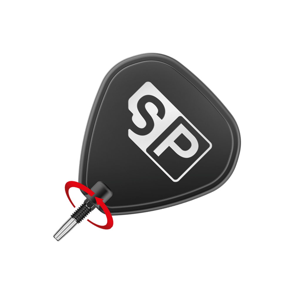 Target Swiss Point Chrono Dartspitzen - Schwarz Das Bild zeigt eine schwarze Dartspitze mit dem weißen Logo "SP" darauf. Eine rote Pfeilmarkierung deutet eine Drehbewegung zum Anbringen oder Entfernen der Spitze an.