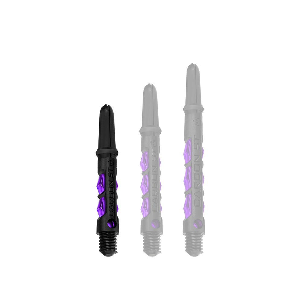 HR425_Harrows_Carbon_ST_Shafts_Lila_33mm_1bIY2qVDgBV5kq Das Bild zeigt drei Harrows Carbon ST Shafts in der Farbe Lila. Die Schäfte sind schwarz mit lilafarbenen Akzenten und in unterschiedlichen Längen angeordnet.