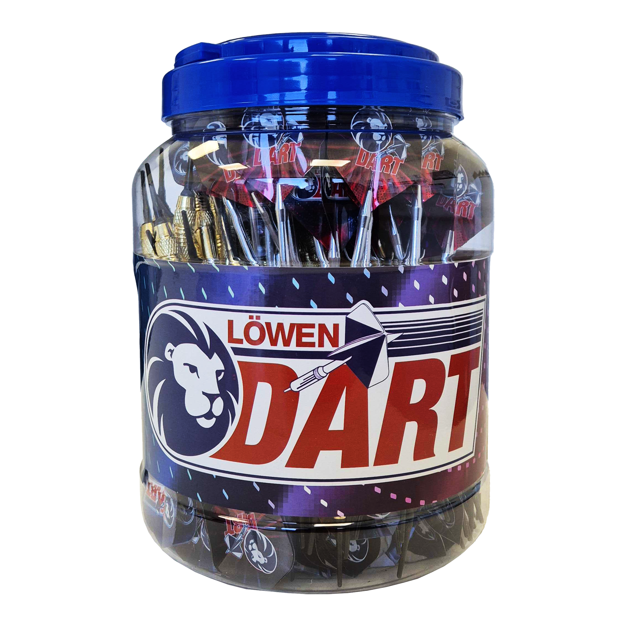 Das Bild zeigt ein großes Plastikgefäß mit einem blauen Deckel, das mit vielen Soft-Tip-Darts gefüllt ist. Auf dem Behälter steht die Aufschrift "Löwen Dart" und das Produkt heißt "99 Löwen Soft-Tip Darts - 18g".