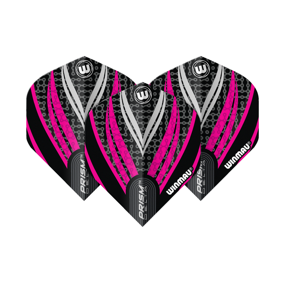 Winmau Prism Delta Schwarz Weiß Pink No2 Standard Flights Das Bild zeigt drei Dart-Flights des Modells "Winmau Prism Delta Schwarz Weiß Pink No2 Standard". Die Flights haben ein auffälliges Design in Schwarz, Pink und Weiß mit dem Winmau-Logo.
