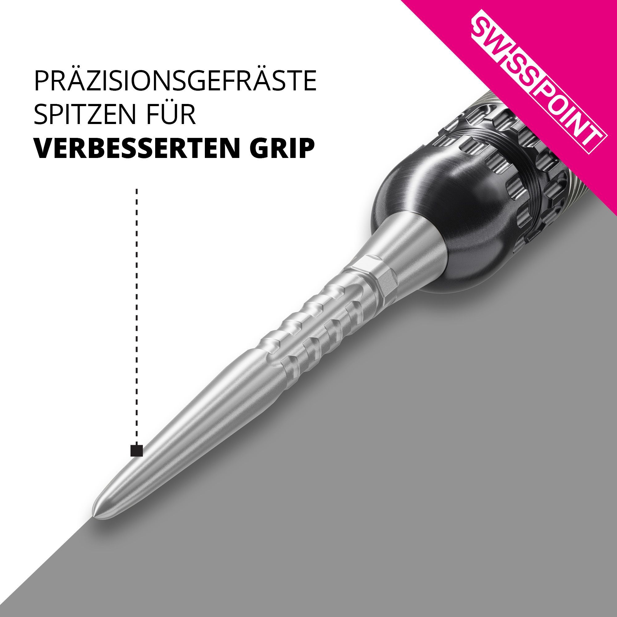 Target Swiss Point Storm Surge Steeldartspitzen - Silber Das Bild zeigt eine präzisionsgefräste Dartspitze in silberner Farbe. Oben steht der Text: "PRÄZISIONSGEFRÄSTE SPITZEN FÜR VERBESSERTEN GRIP".