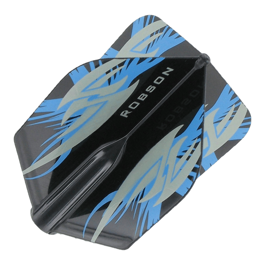 Robson Plus Flights Standard Argo Black Das Bild zeigt ein schwarzes Dart-Flight mit blauen und grauen Mustern. In der Mitte steht das Wort "ROBSON" in weißen Buchstaben.
