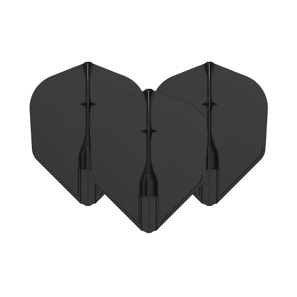 Auf dem Bild sind drei schwarze Dartflights zu sehen. Sie sind in einer Reihe angeordnet und haben eine klassische Form.