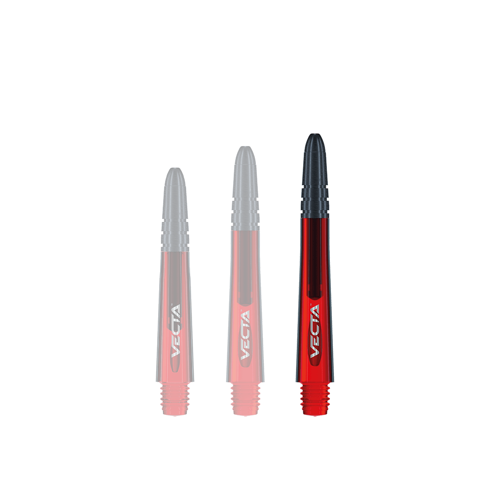 Das Bild zeigt drei rote Winmau Vecta Shafts für Dartpfeile. Sie haben schwarze Spitzen und das Wort "Vecta" ist auf jedem Schaft zu sehen.