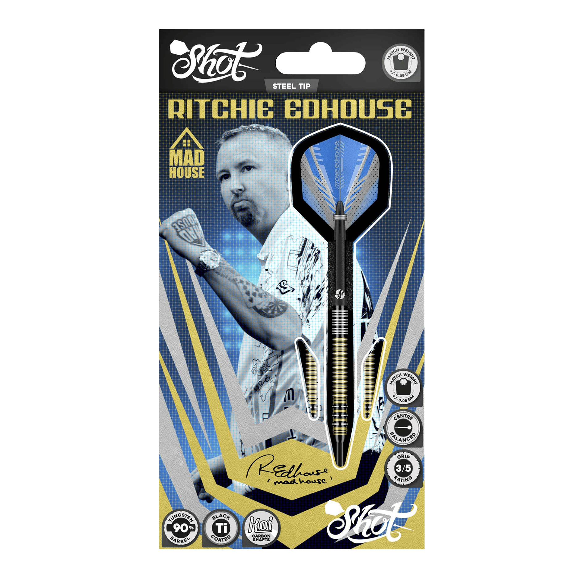 Shot Ritchie Edhouse Madhouse Steeldarts Abgebildet sind die Shot Ritchie Edhouse Madhouse Steeldarts. Sie zeigen das markante Design und die hochwertige Verarbeitung der Darts.