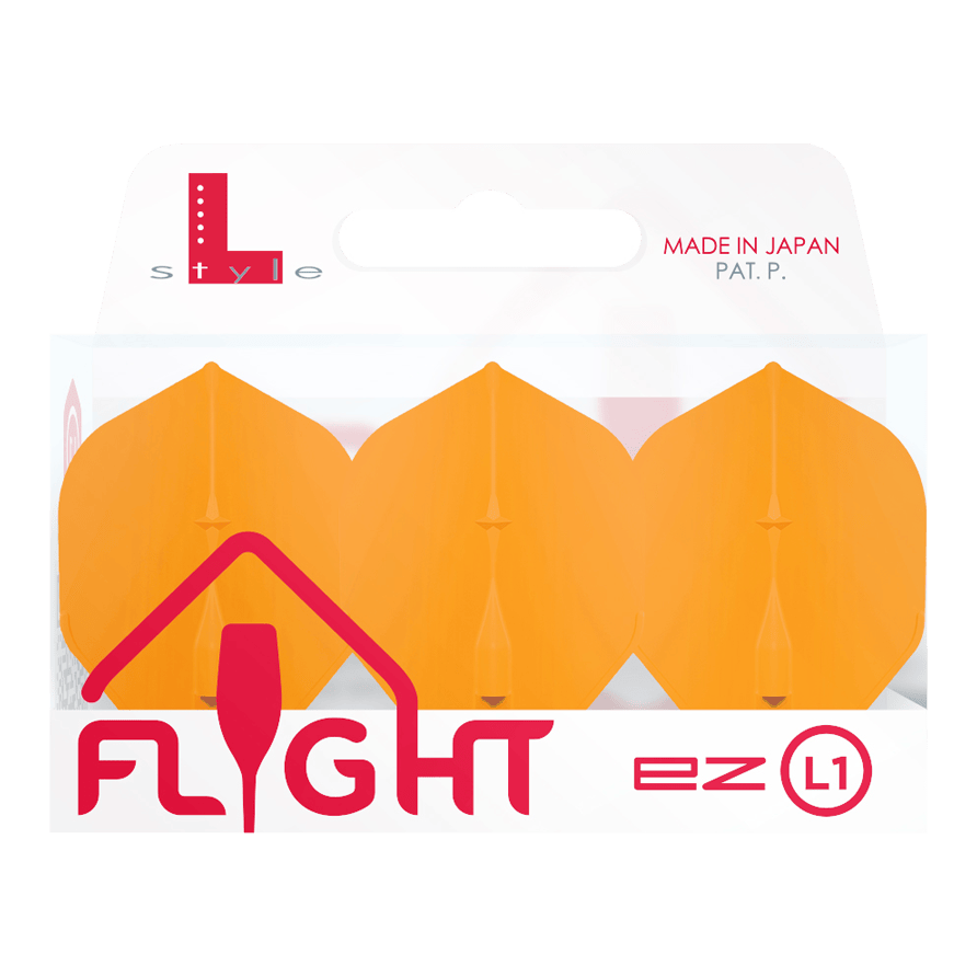 L-Style Champagne L1EZ Standard Flights Das Bild zeigt eine Packung „L-Style Champagne L1EZ Standard Flights“ in Orange. Die Verpackung ist durchsichtig und trägt die Aufschrift „Flight ez L1“.
