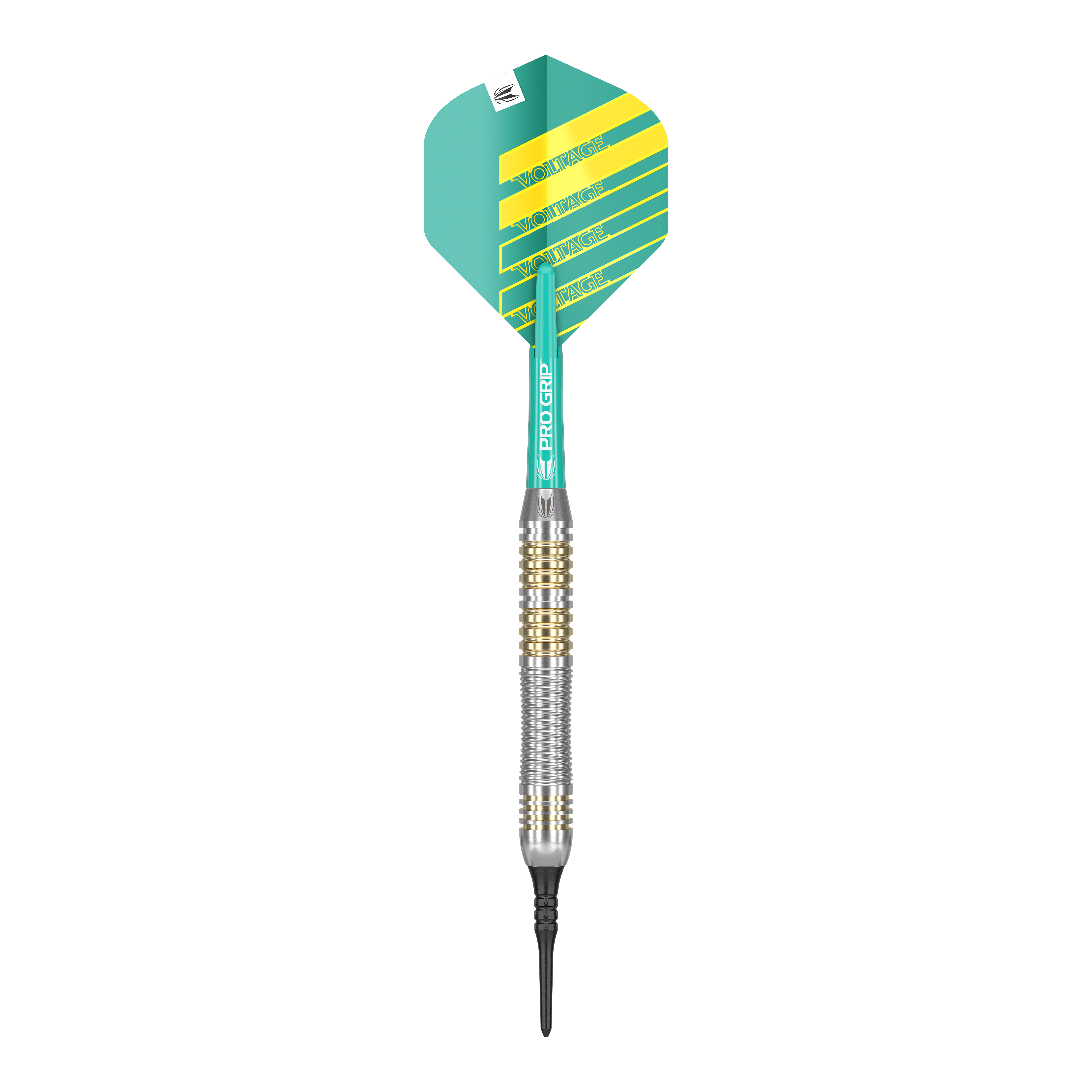 Target Rob Cross Brass Softdarts - 18g Das Bild zeigt einen Softdart der Marke "Target Rob Cross Brass Softdarts - 18g". Der Dart hat eine grün-gelbe Flight und einen silber-goldenen Schaft.
