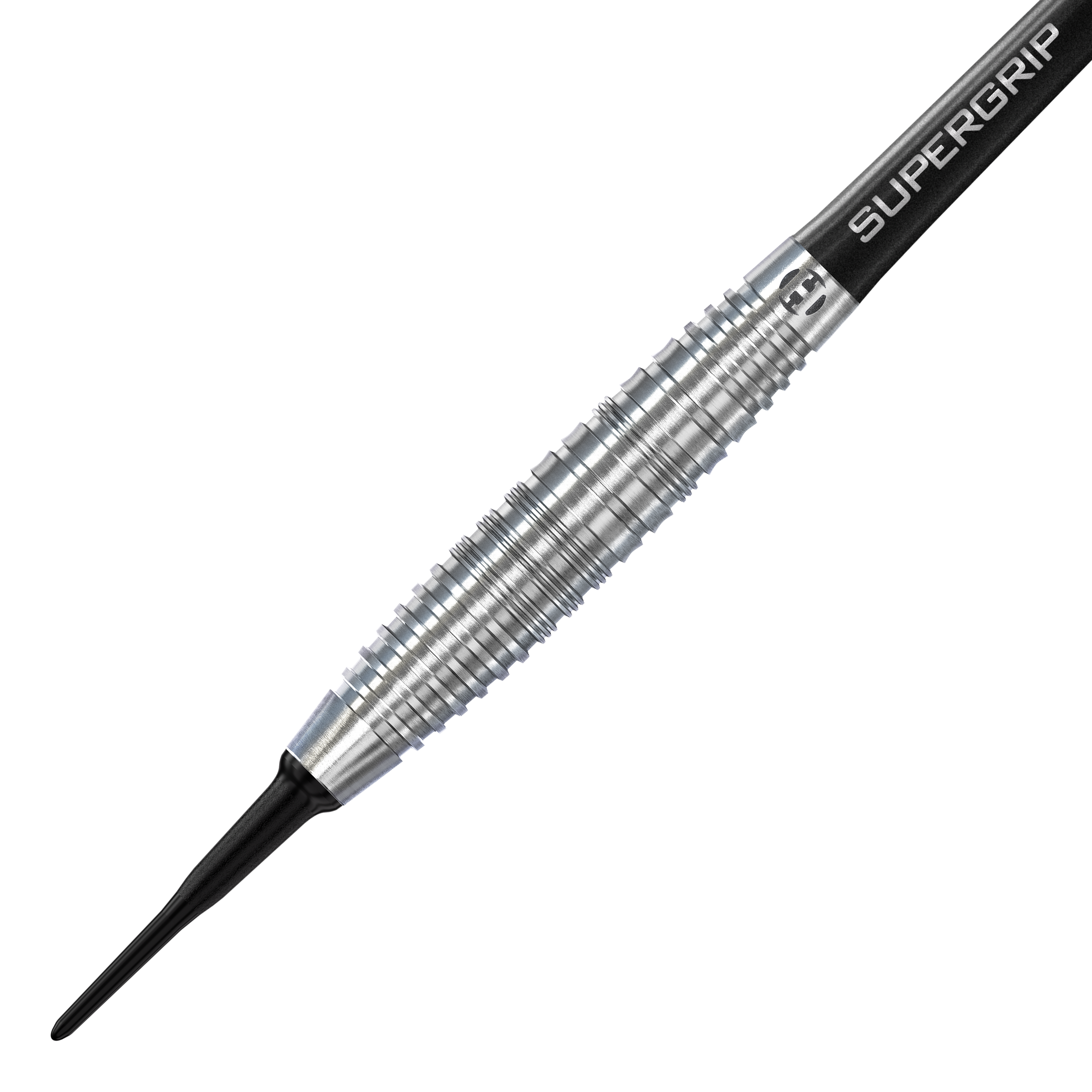 Harrows NX90 Bomb Softdarts Das Bild zeigt einen Harrows NX90 Bomb Softdart. Der Dart hat eine silberne, geriffelte Metallspitze und einen schwarzen Schaft mit der Aufschrift "SUPERGRIP".