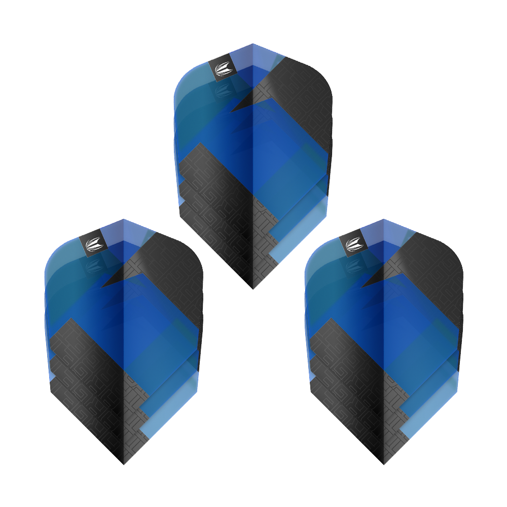 Target Pro Ultra TAG Blau Ten-X Standard Flights - 3 Sets Das Bild zeigt drei blaue und schwarze Dart-Flights mit geometrischem Muster. Es handelt sich um das Produkt "Target Pro Ultra TAG Blau Ten-X Standard Flights - 3 Sets".